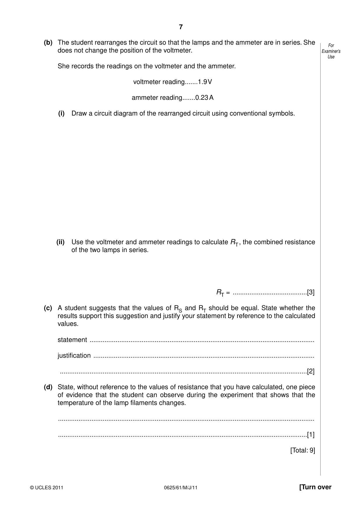 Cambridge IGCSE Physics 0625 2011 May/June Paper 6 · Variant 1 question paper, page 7 of 12