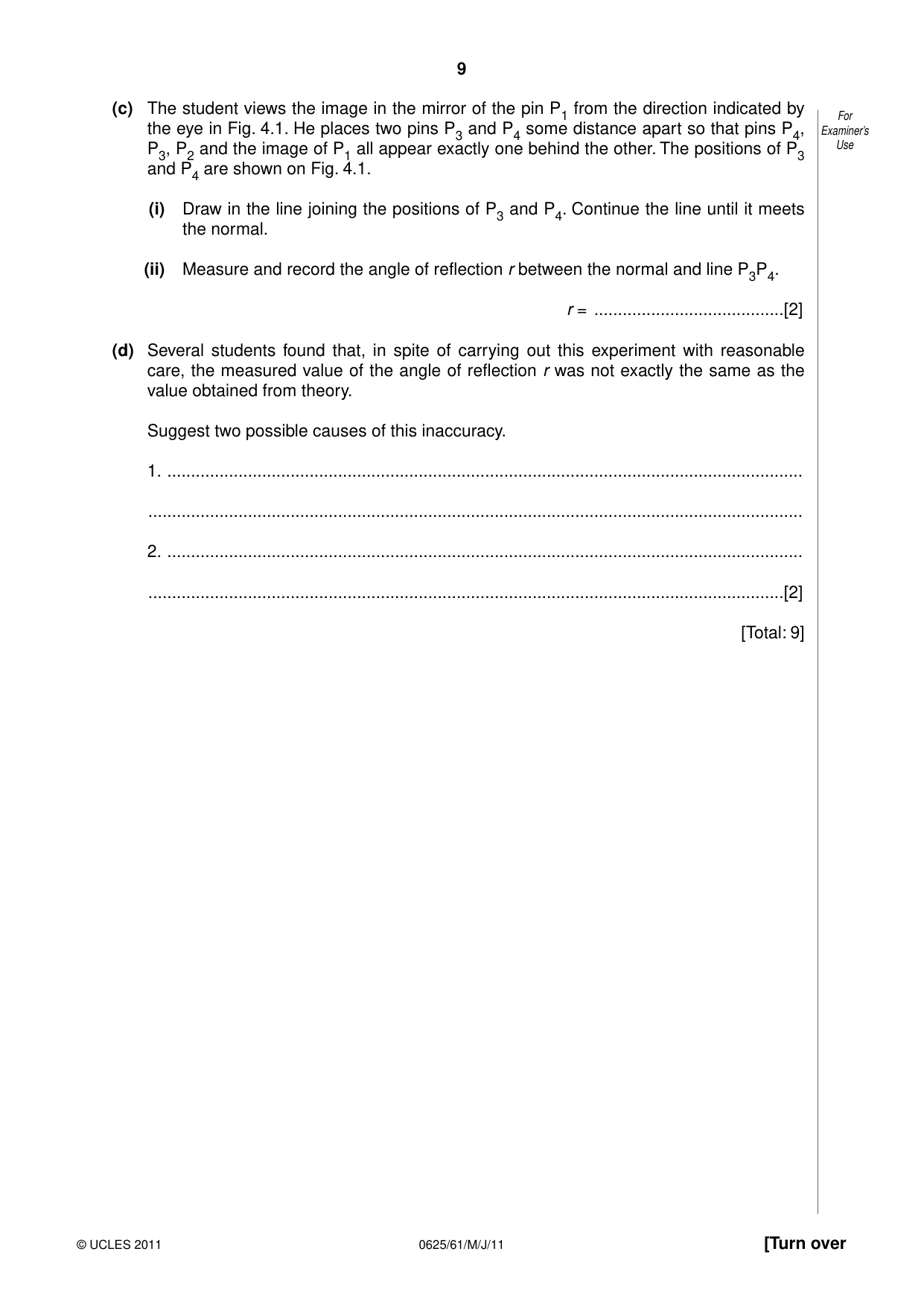 Cambridge IGCSE Physics 0625 2011 May/June Paper 6 · Variant 1 question paper, page 9 of 12