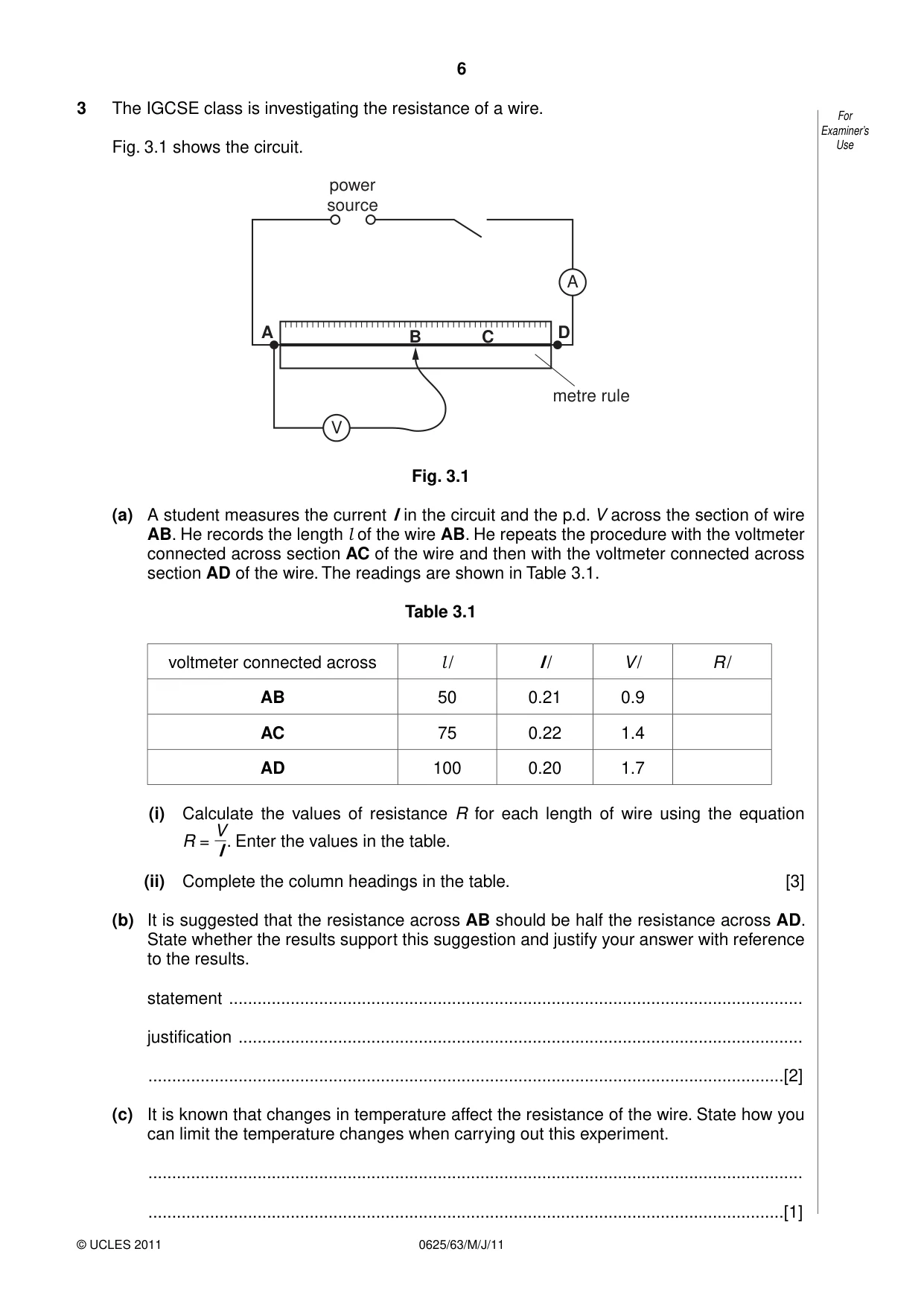 Cambridge IGCSE Physics 0625 2011 May/June Paper 6 · Variant 3 question paper, page 6 of 12