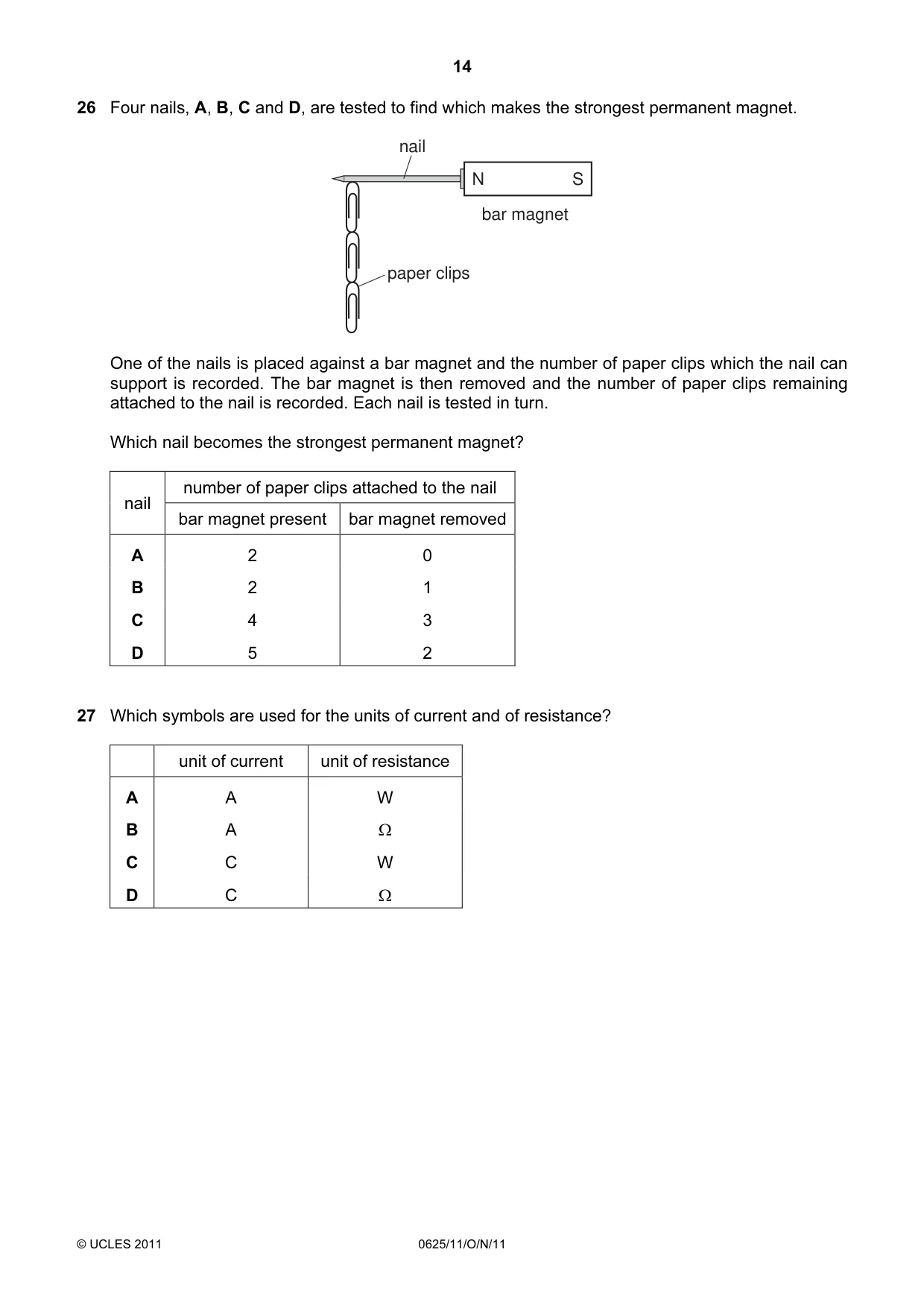 Cambridge IGCSE Physics 0625 2011 Oct/Nov Paper 1 · Variant 1 question paper, page 14 of 20