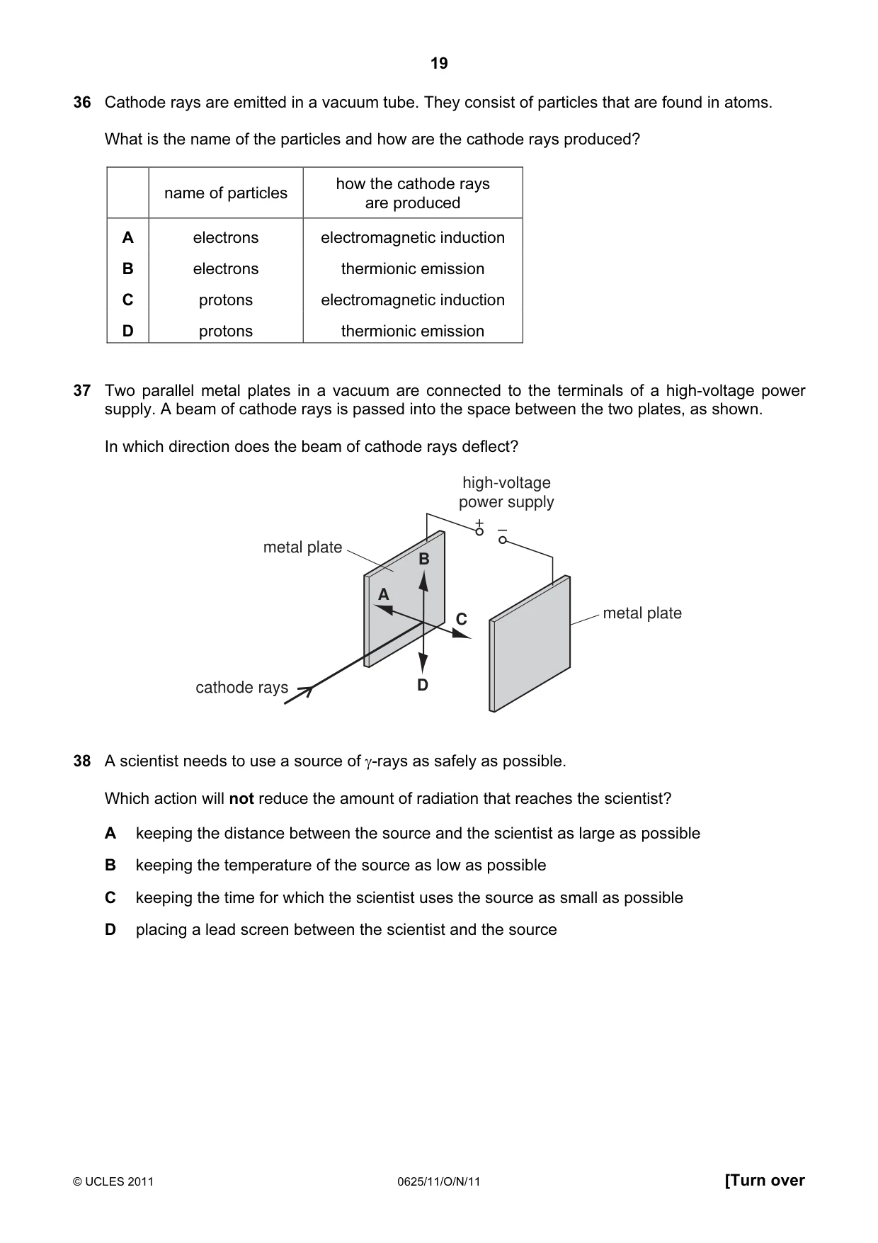 Cambridge IGCSE Physics 0625 2011 Oct/Nov Paper 1 · Variant 1 question paper, page 19 of 20