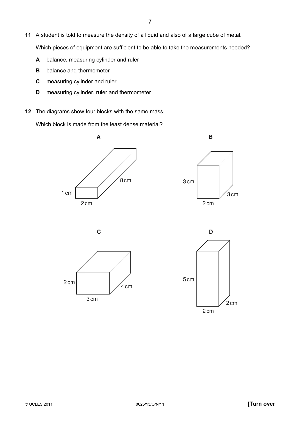 Cambridge IGCSE Physics 0625 2011 Oct/Nov Paper 1 · Variant 3 question paper, page 7 of 24