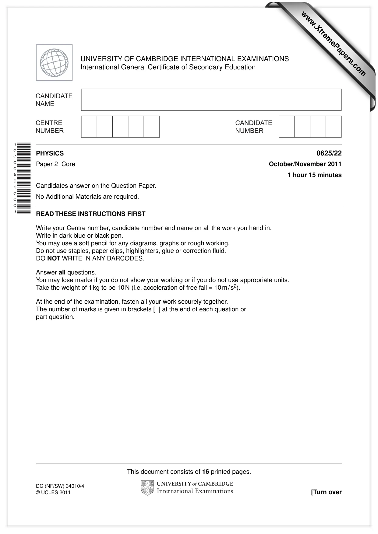 Cambridge IGCSE Physics 0625 2011 Oct/Nov Paper 2 · Variant 2 question paper, page 1 of 16