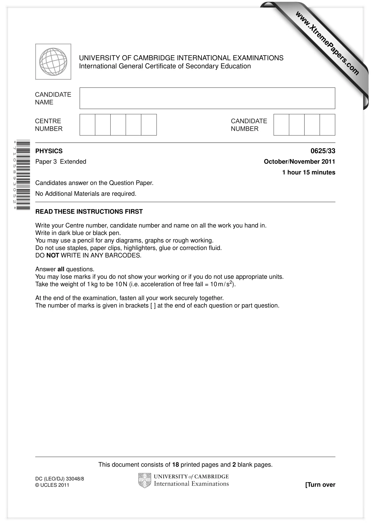 Cambridge IGCSE Physics 0625 2011 Oct/Nov Paper 3 · Variant 3 question paper, page 1 of 20