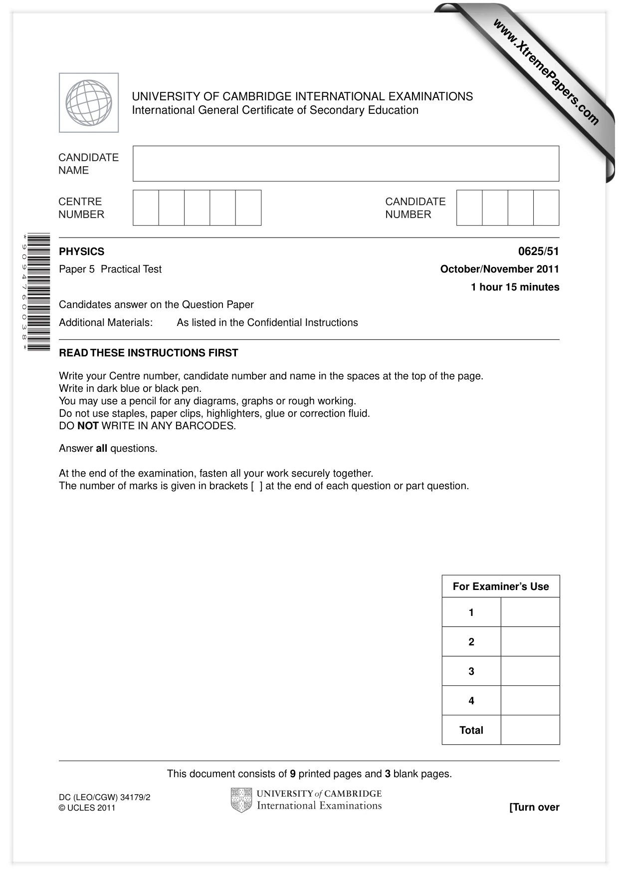 Cambridge IGCSE Physics 0625 2011 Oct/Nov Paper 5 · Variant 1 question paper, page 1 of 12