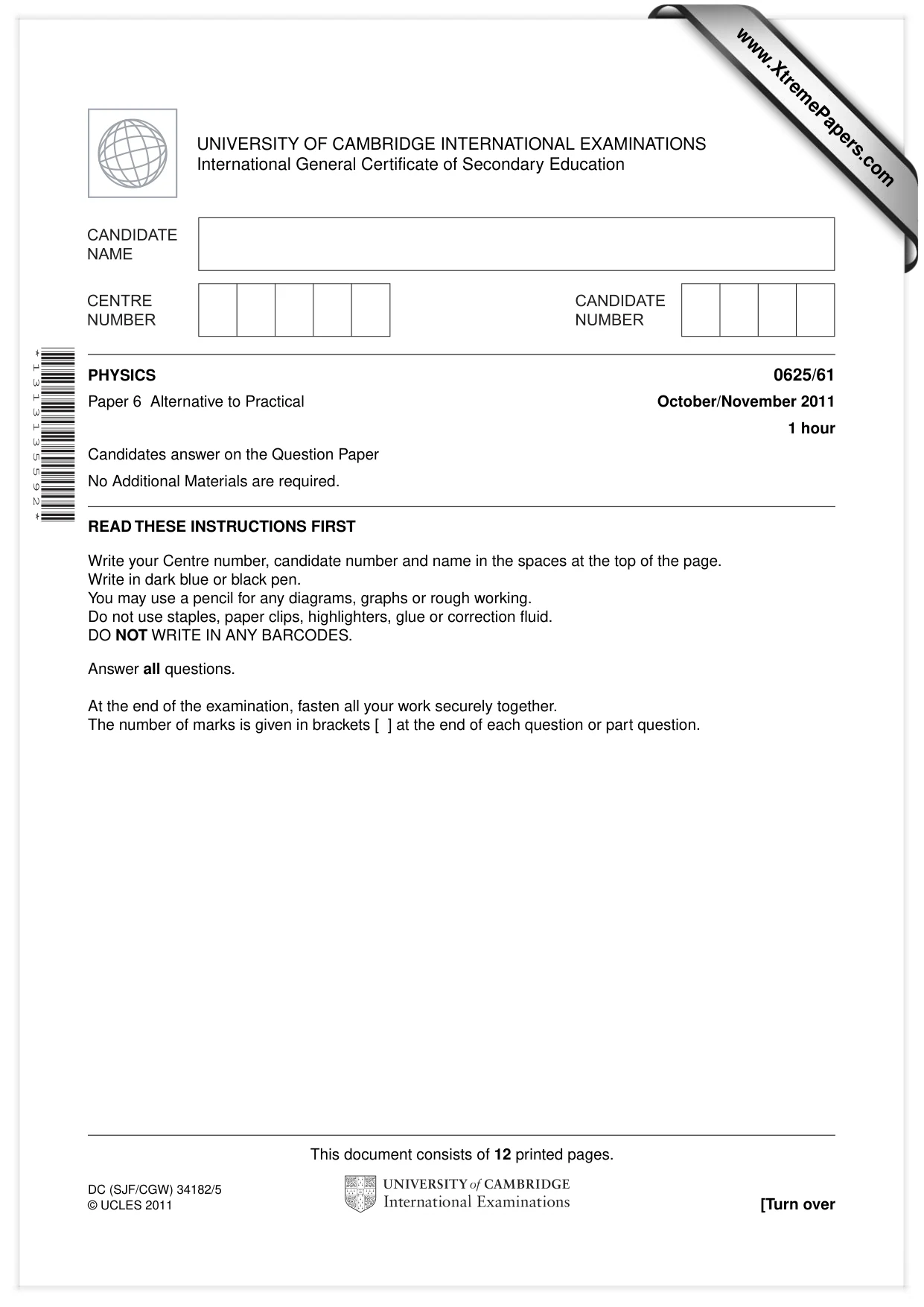 Cambridge IGCSE Physics 0625 2011 Oct/Nov Paper 6 · Variant 1 question paper, page 1 of 12