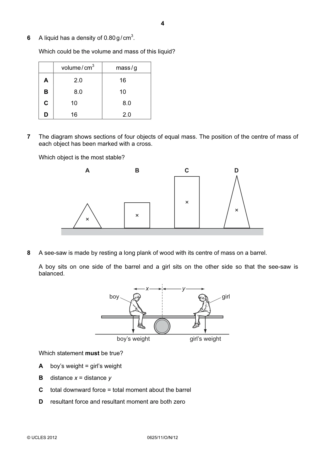 Cambridge IGCSE Physics 0625 2012 Oct/Nov Paper 1 · Variant 1 question paper, page 4 of 20