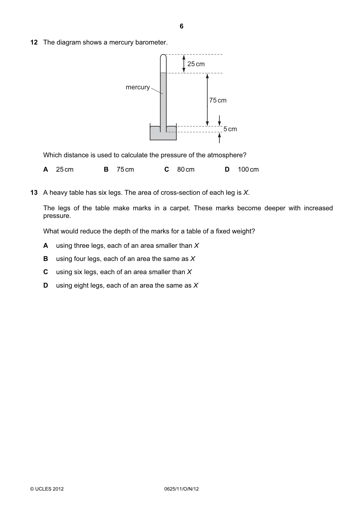 Cambridge IGCSE Physics 0625 2012 Oct/Nov Paper 1 · Variant 1 question paper, page 6 of 20