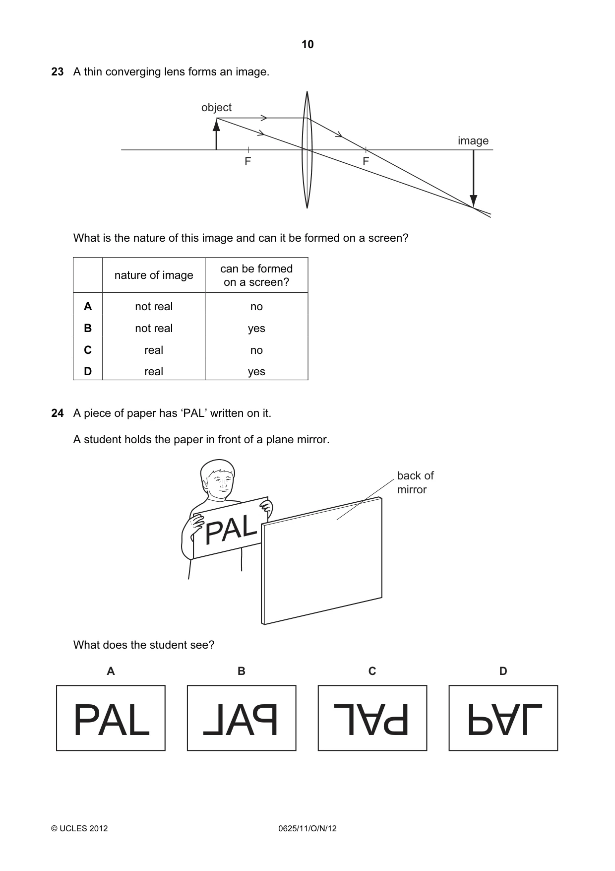Cambridge IGCSE Physics 0625 2012 Oct/Nov Paper 1 · Variant 1 question paper, page 10 of 20