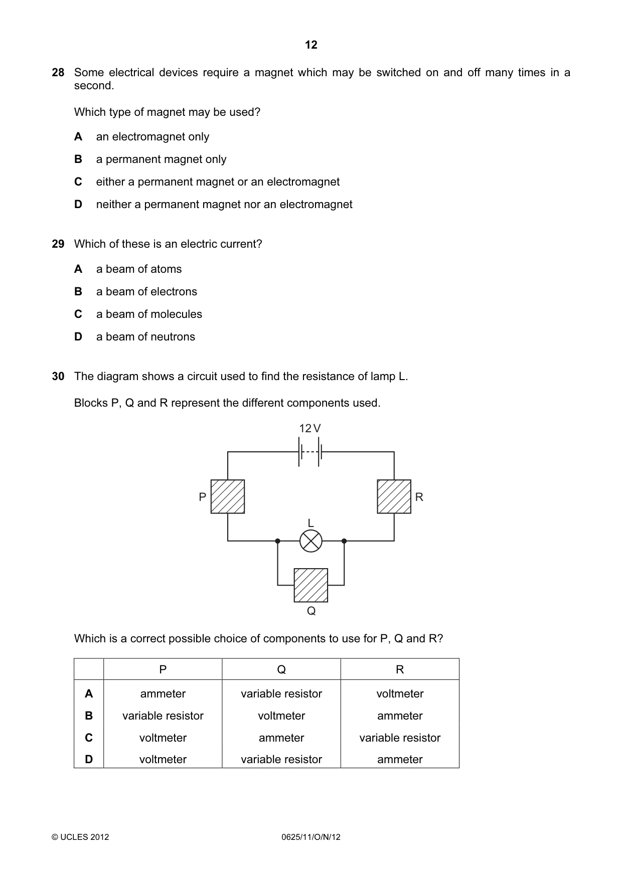 Cambridge IGCSE Physics 0625 2012 Oct/Nov Paper 1 · Variant 1 question paper, page 12 of 20
