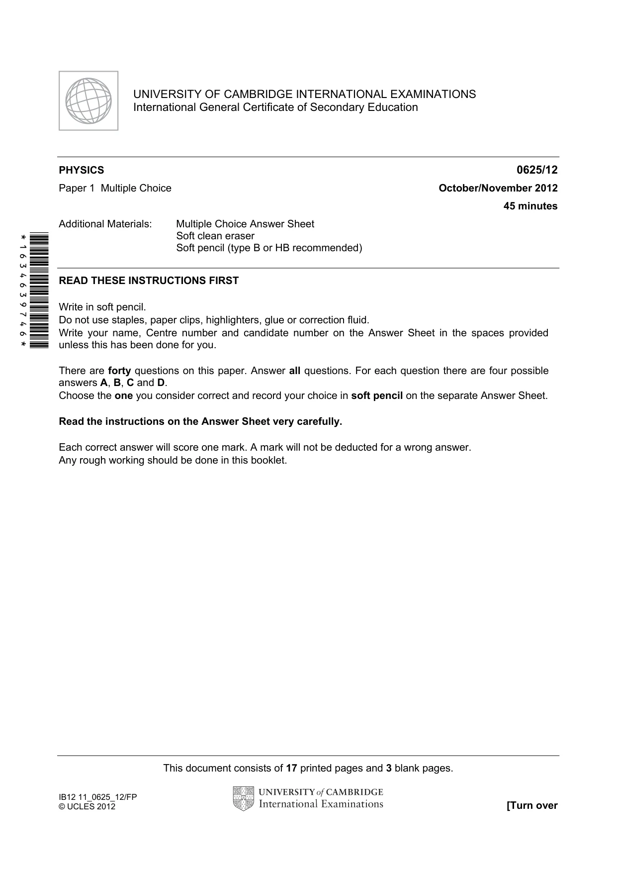 Cambridge IGCSE Physics 0625 2012 Oct/Nov Paper 1 · Variant 2 question paper, page 1 of 20