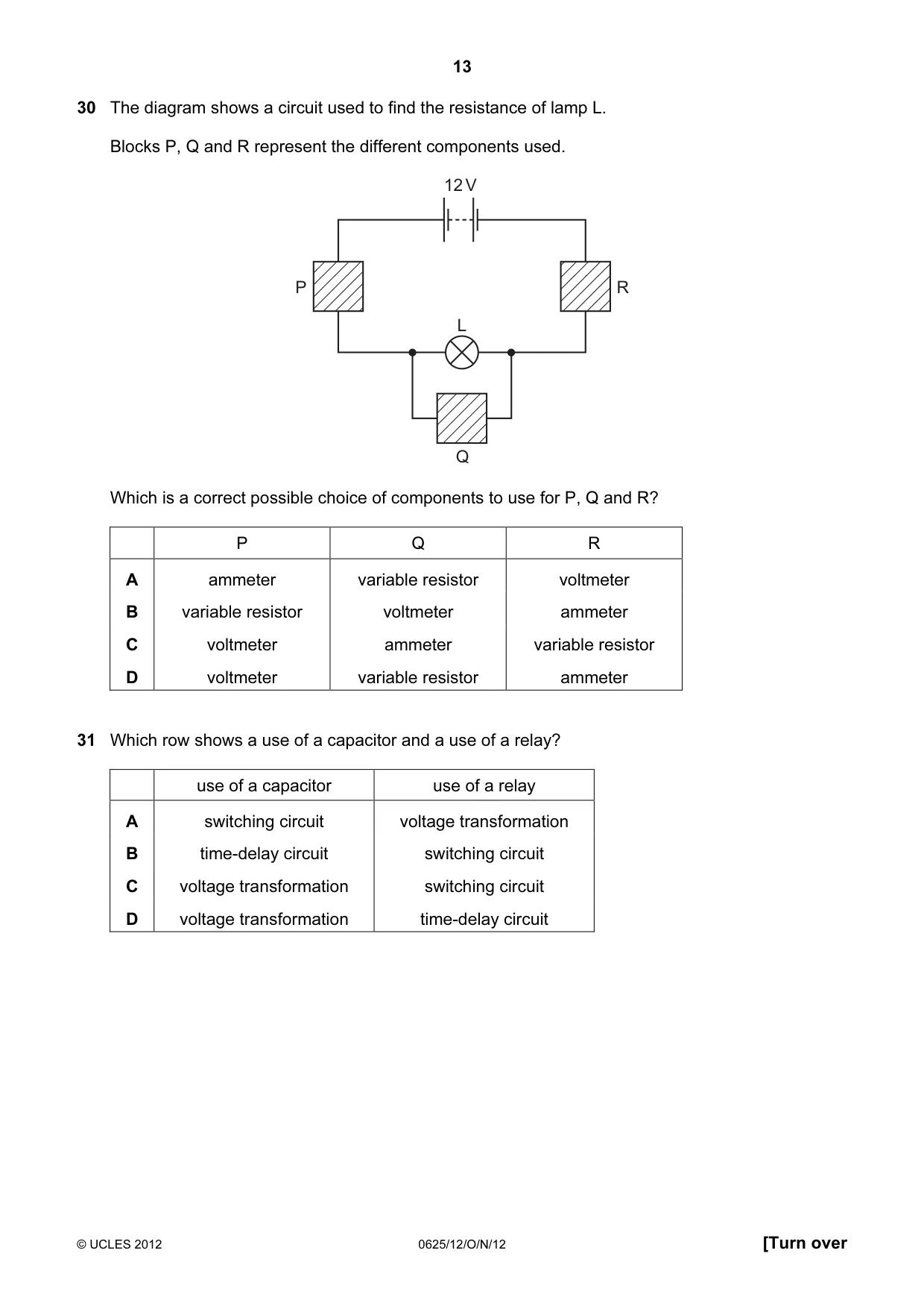 Cambridge IGCSE Physics 0625 2012 Oct/Nov Paper 1 · Variant 2 question paper, page 13 of 20