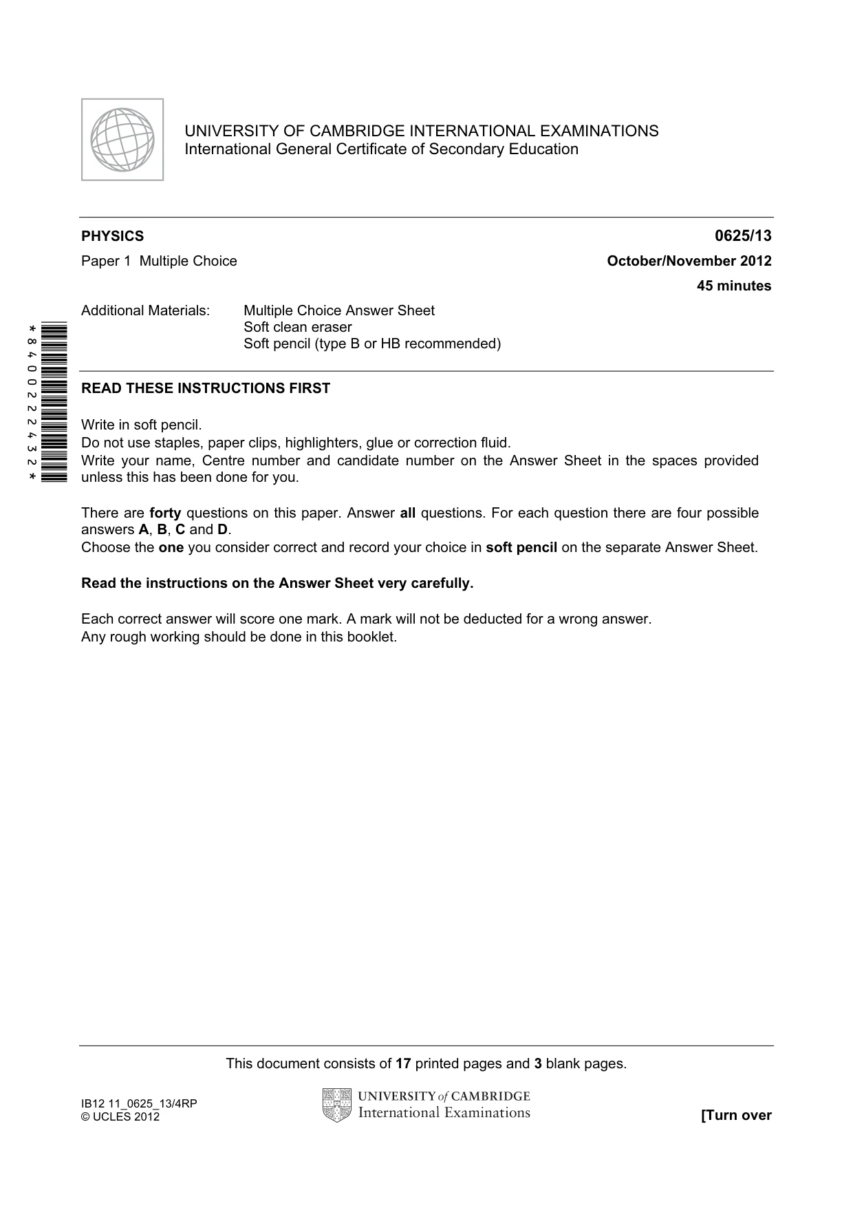 Cambridge IGCSE Physics 0625 2012 Oct/Nov Paper 1 · Variant 3 question paper, page 1 of 20