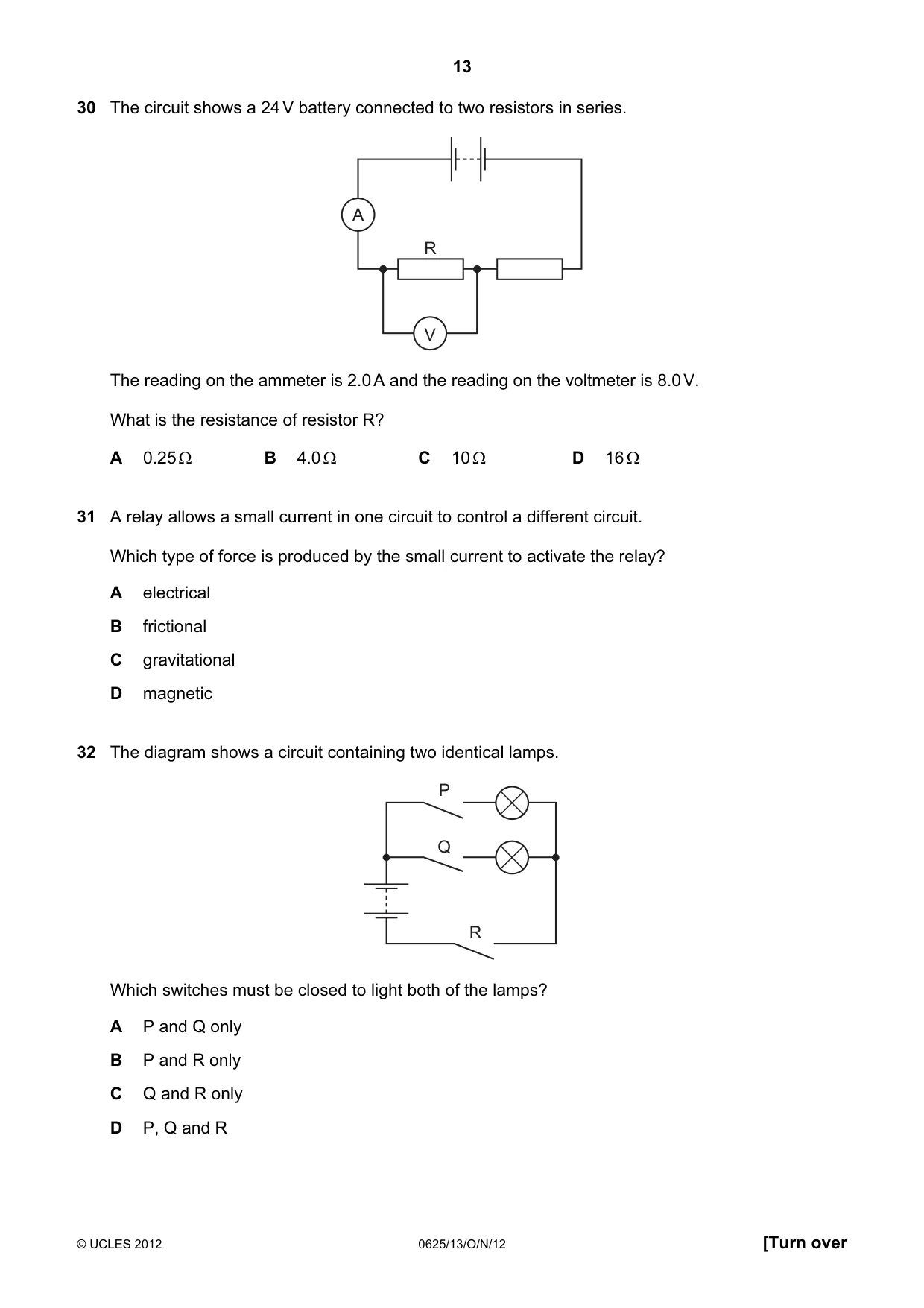 Cambridge IGCSE Physics 0625 2012 Oct/Nov Paper 1 · Variant 3 question paper, page 13 of 20