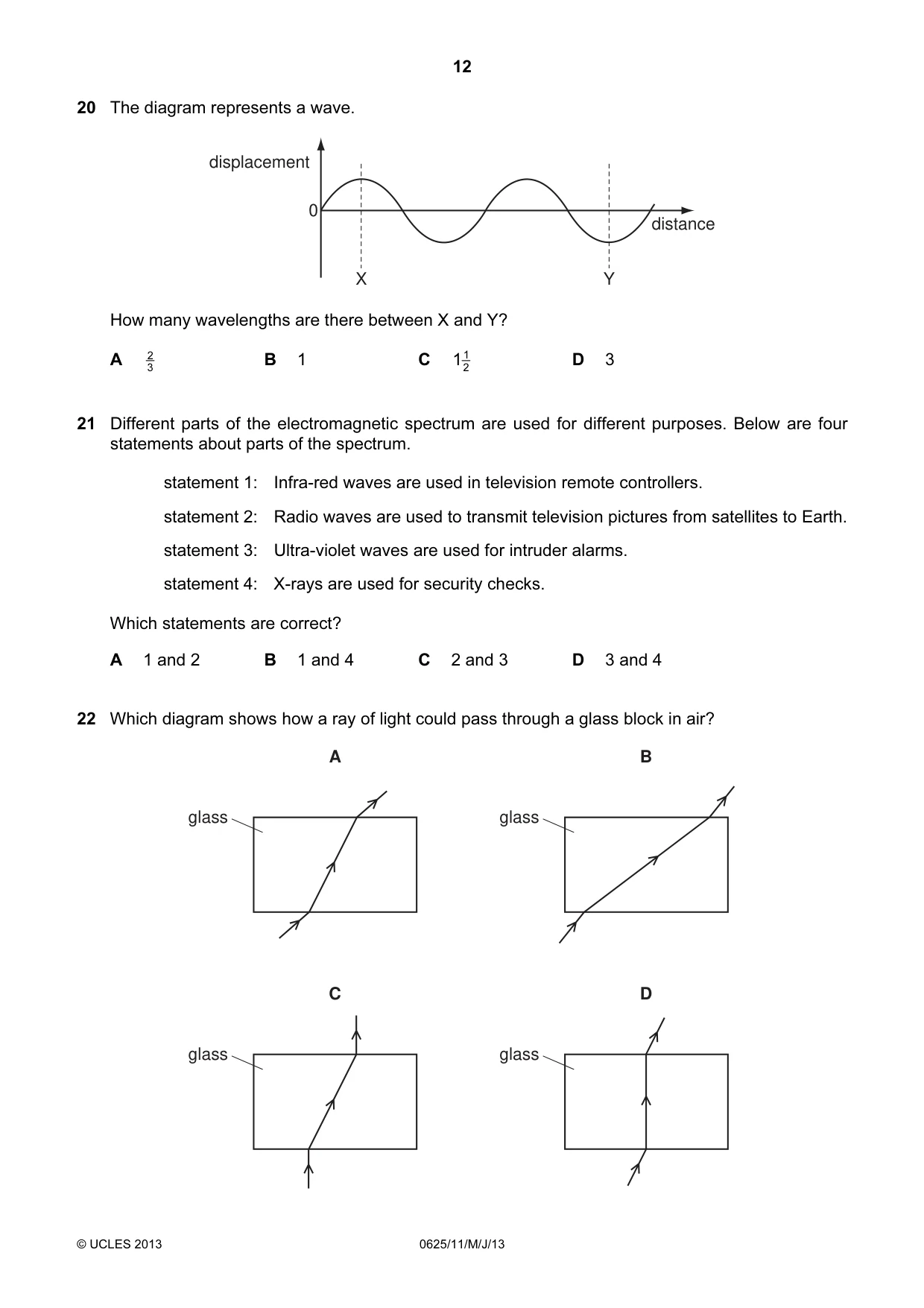 Cambridge IGCSE Physics 0625 2013 May/June Paper 1 · Variant 1 question paper, page 12 of 20