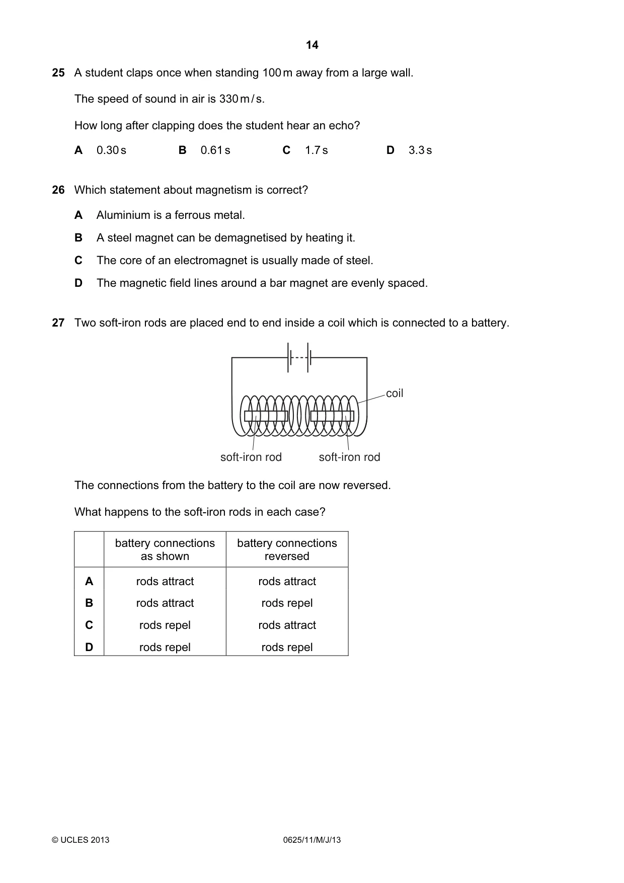 Cambridge IGCSE Physics 0625 2013 May/June Paper 1 · Variant 1 question paper, page 14 of 20