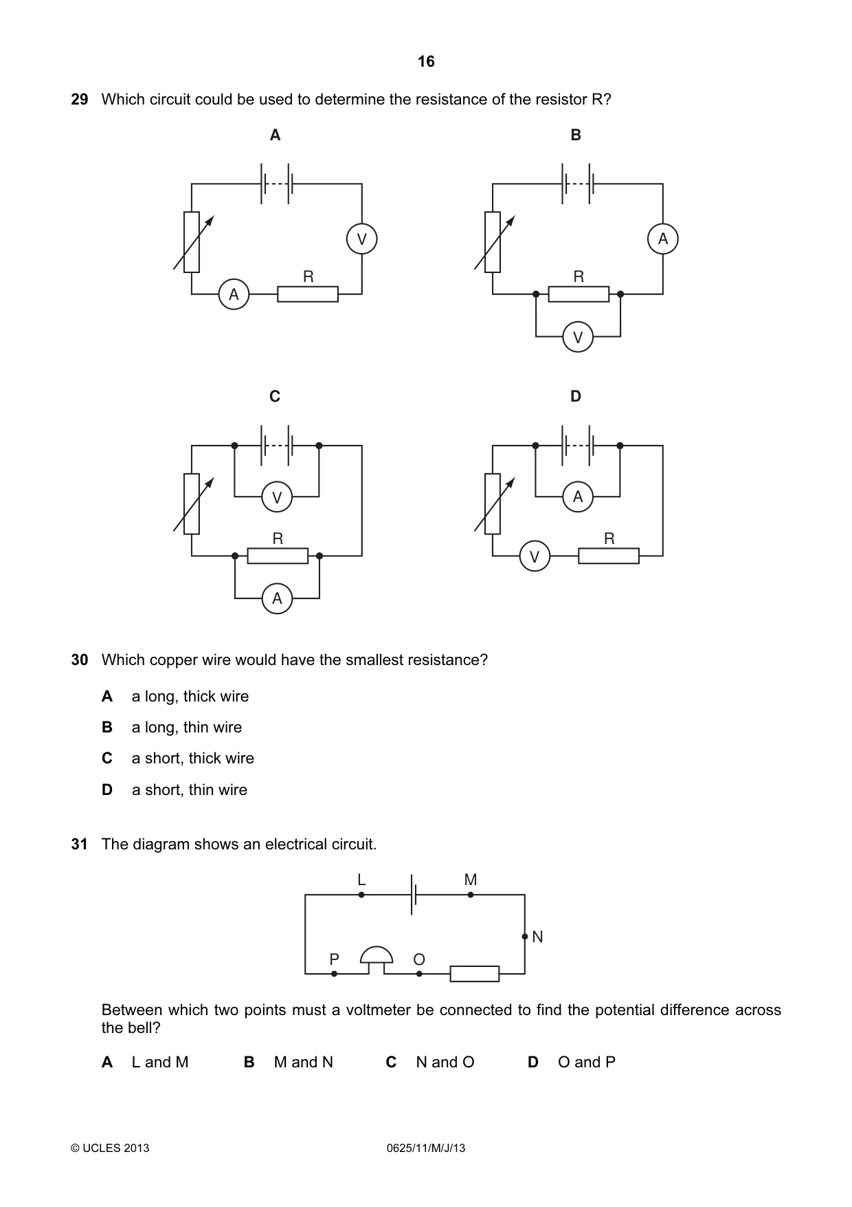 Cambridge IGCSE Physics 0625 2013 May/June Paper 1 · Variant 1 question paper, page 16 of 20