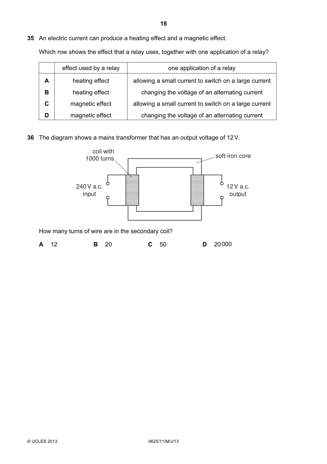 Cambridge IGCSE Physics 0625 2013 May/June Paper 1 · Variant 1 question paper, page 18 of 20