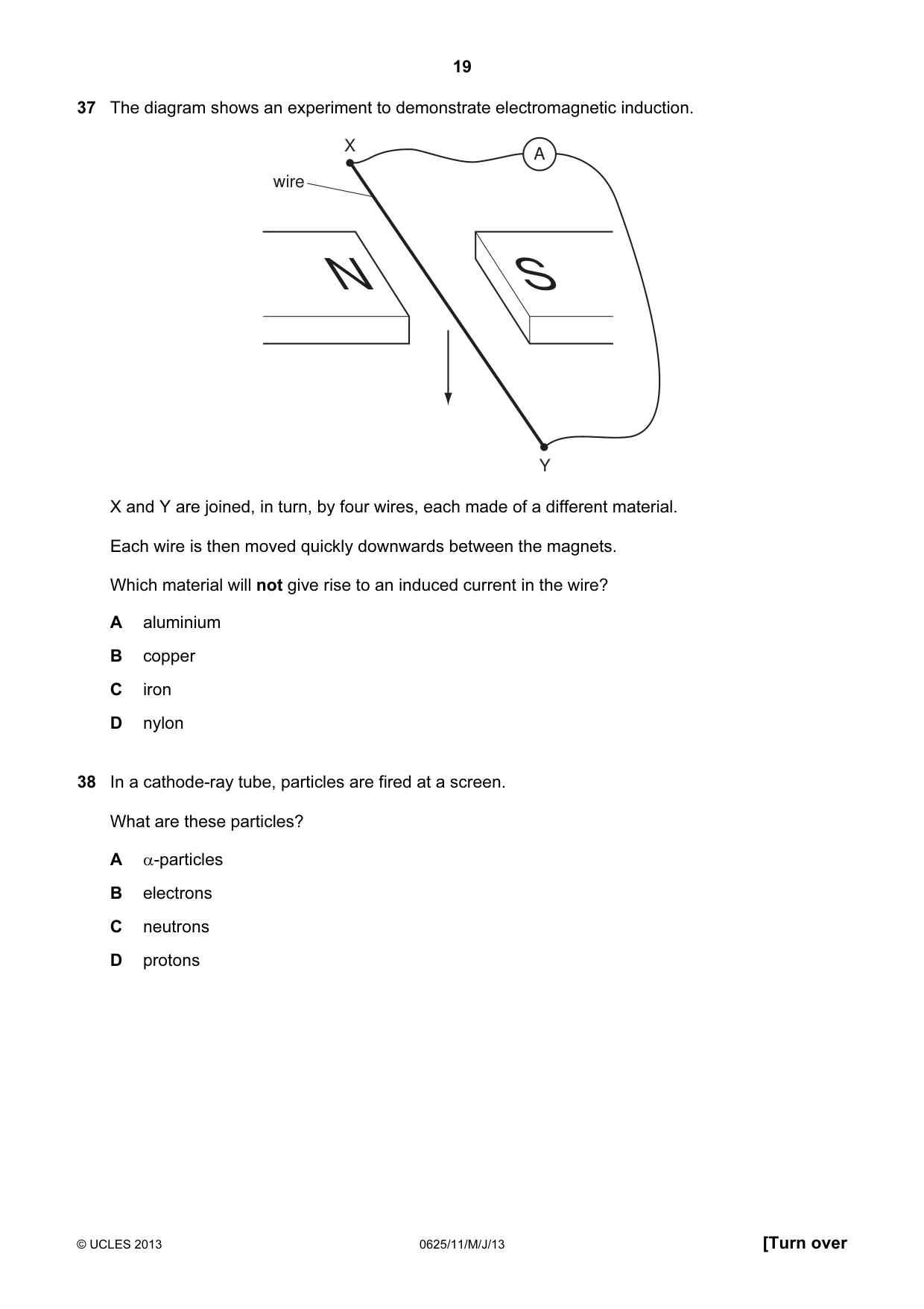 Cambridge IGCSE Physics 0625 2013 May/June Paper 1 · Variant 1 question paper, page 19 of 20