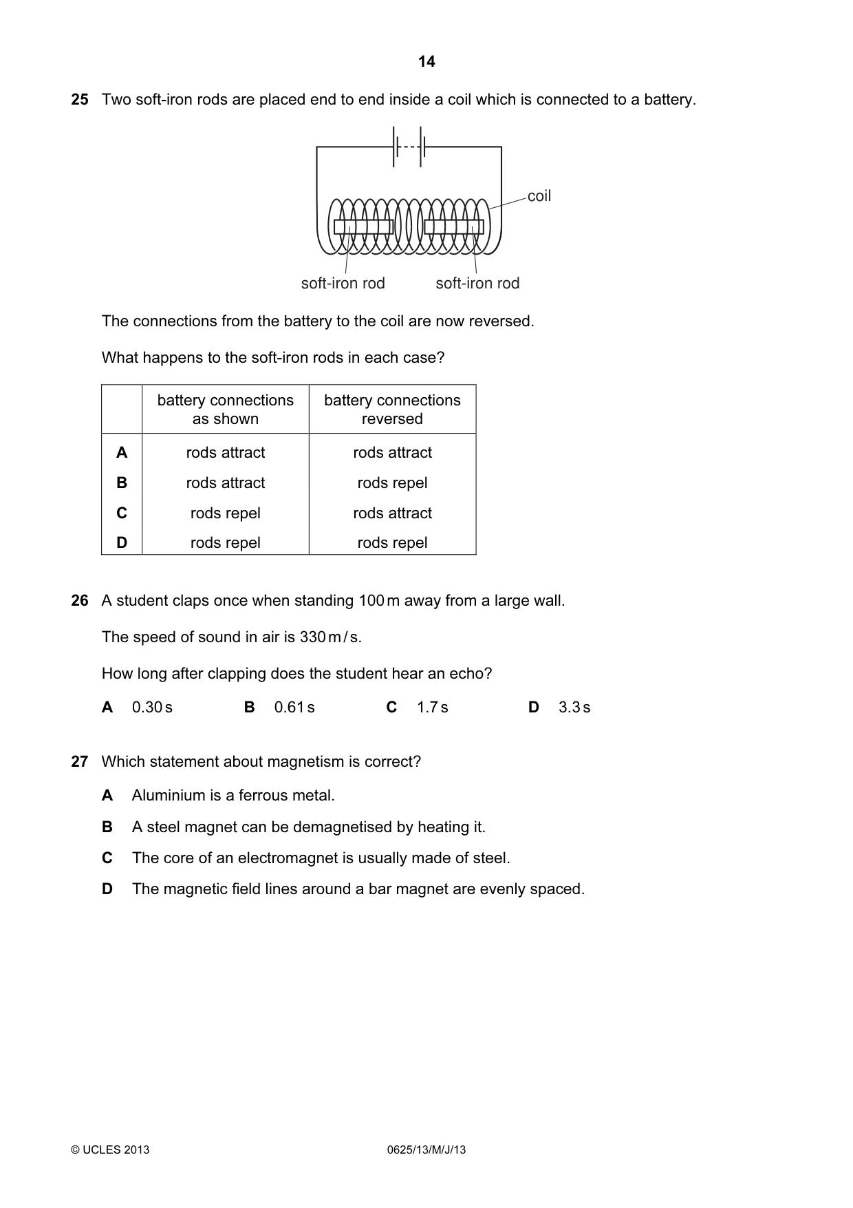 Cambridge IGCSE Physics 0625 2013 May/June Paper 1 · Variant 3 question paper, page 14 of 20