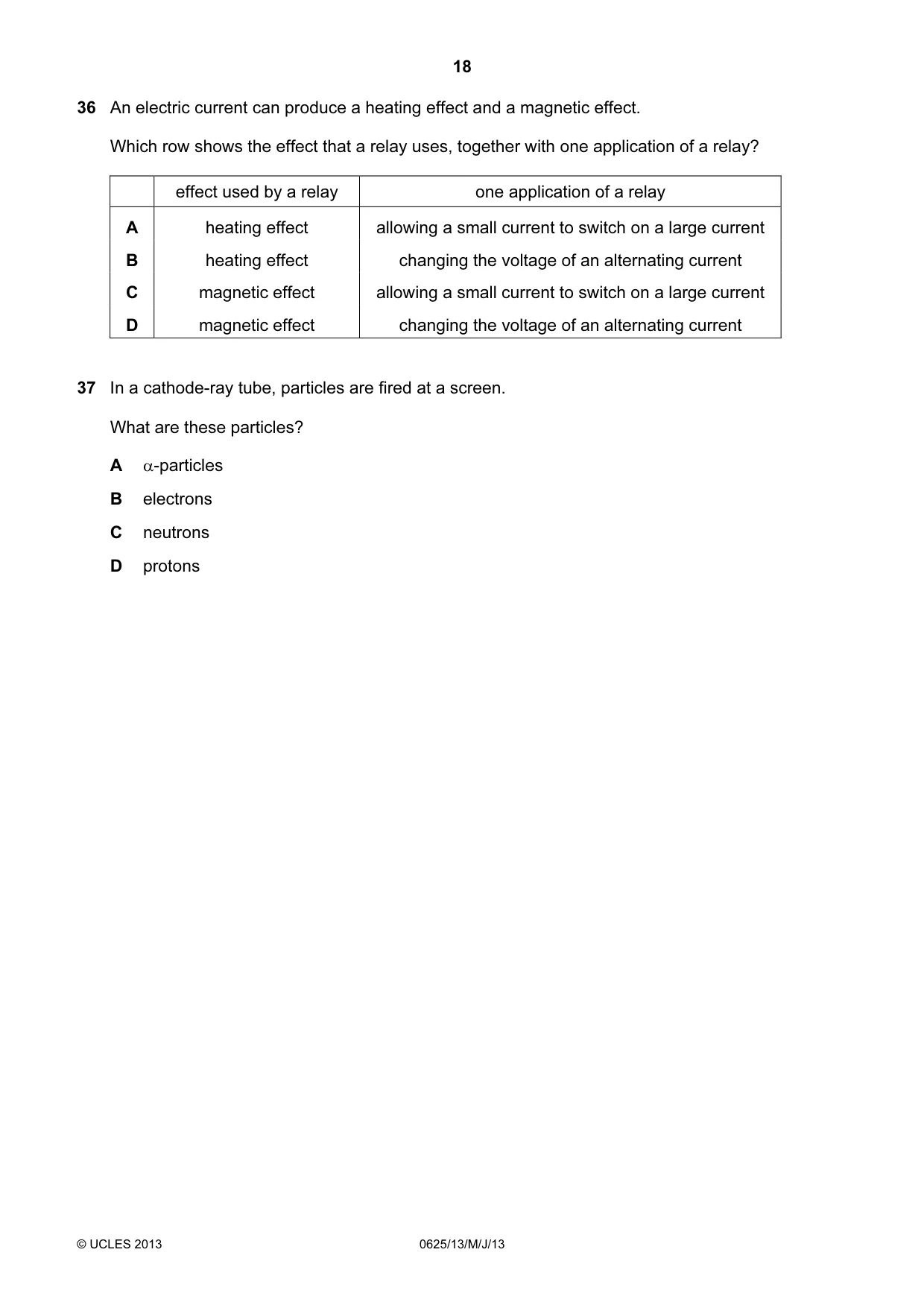 Cambridge IGCSE Physics 0625 2013 May/June Paper 1 · Variant 3 question paper, page 18 of 20