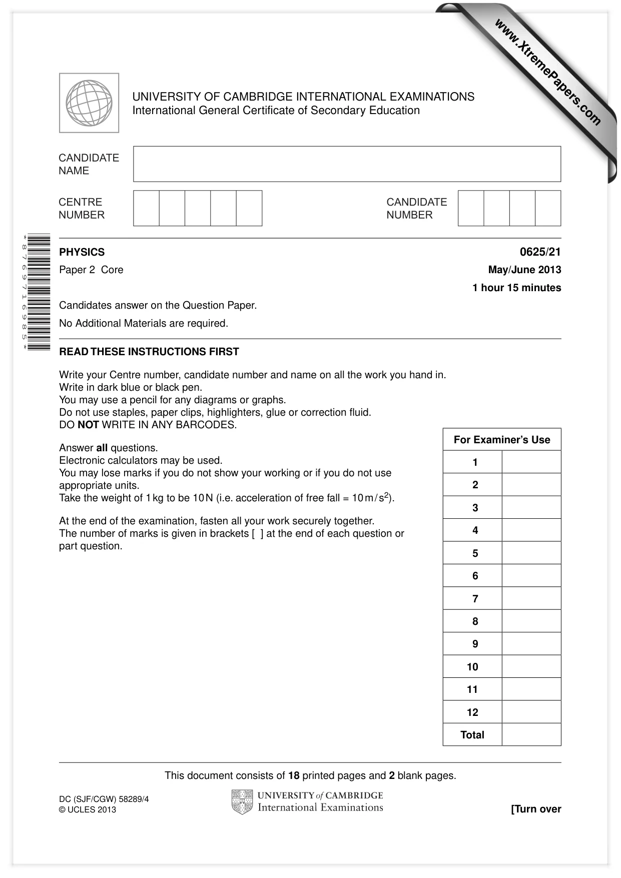 Cambridge IGCSE Physics 0625 2013 May/June Paper 2 · Variant 1 question paper, page 1 of 20