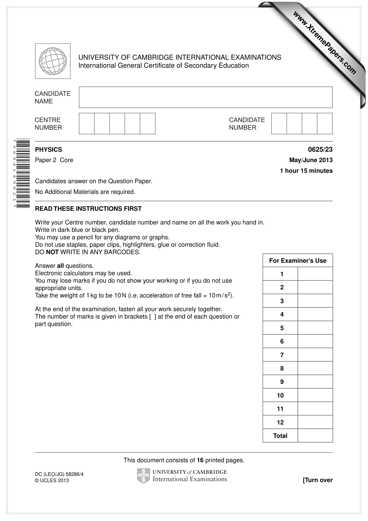 Cambridge IGCSE Physics 0625 2013 May/June Paper 2 · Variant 3 question paper, page 1 of 16