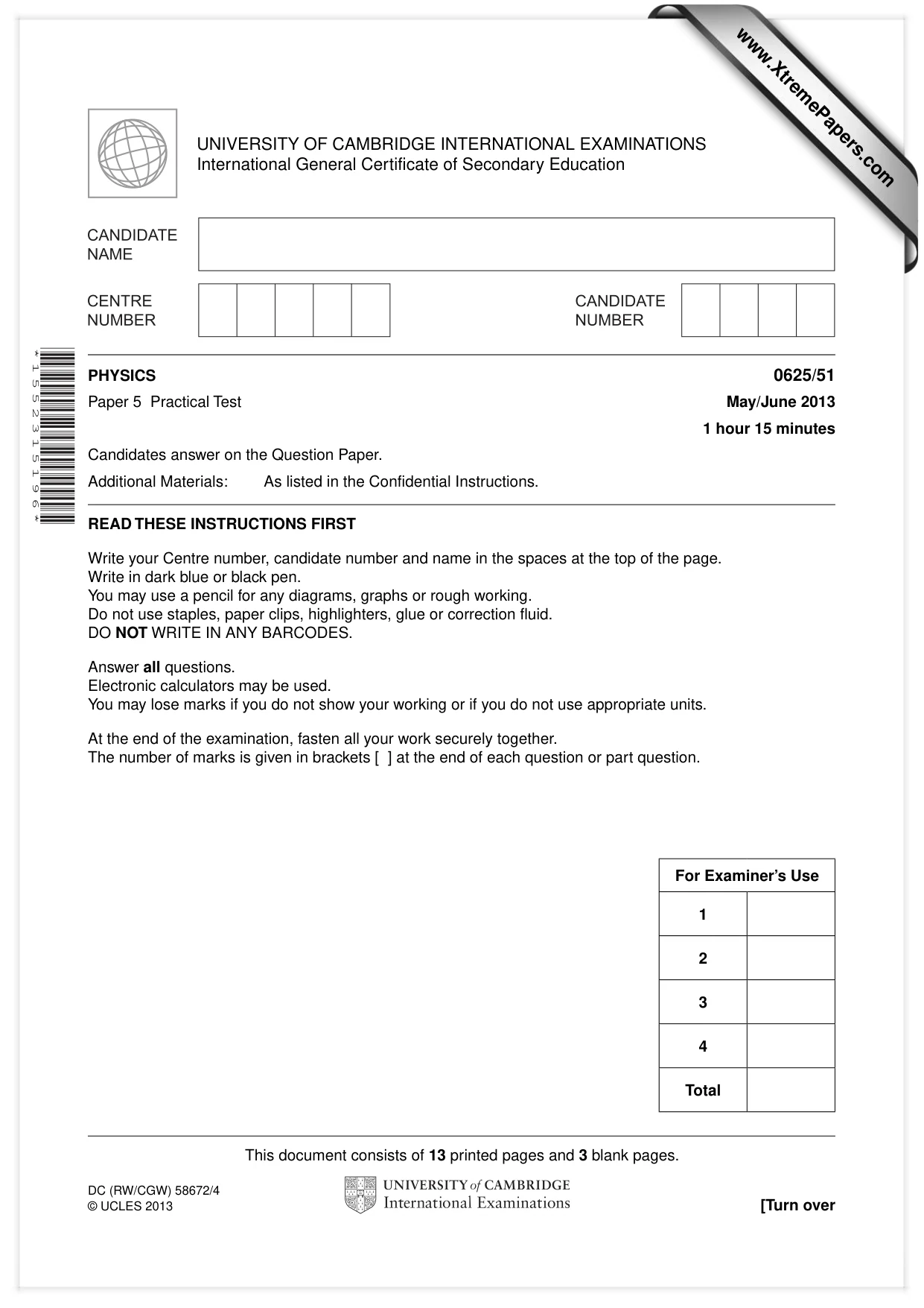 Cambridge IGCSE Physics 0625 2013 May/June Paper 5 · Variant 1 question paper, page 1 of 16