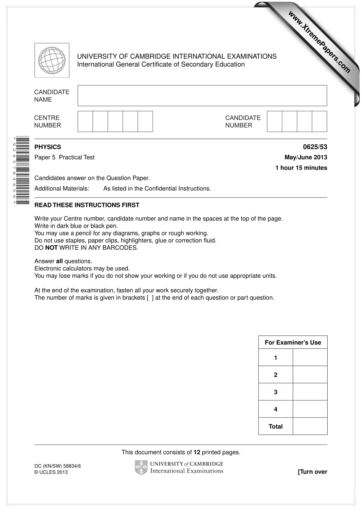 Cambridge IGCSE Physics 0625 2013 May/June Paper 5 · Variant 3 question paper, page 1 of 12