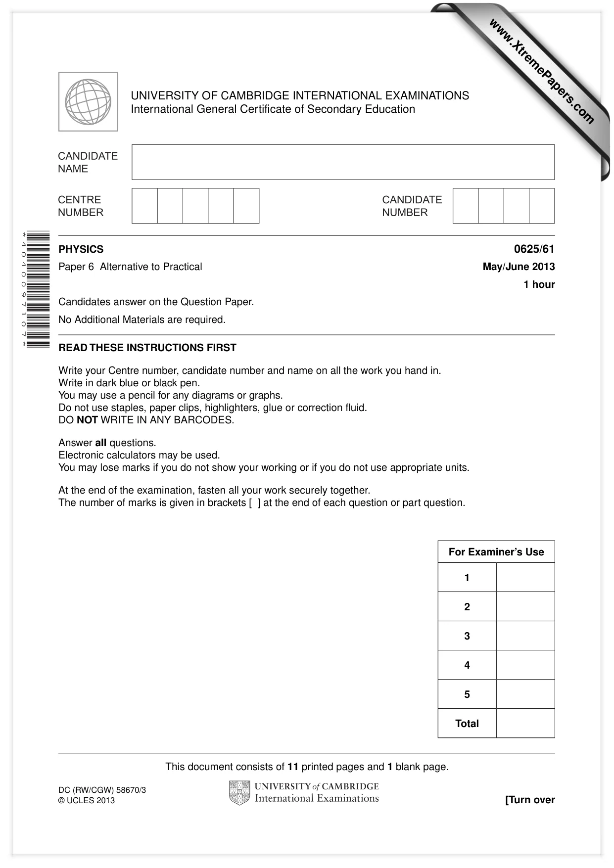 Cambridge IGCSE Physics 0625 2013 May/June Paper 6 · Variant 1 question paper, page 1 of 12