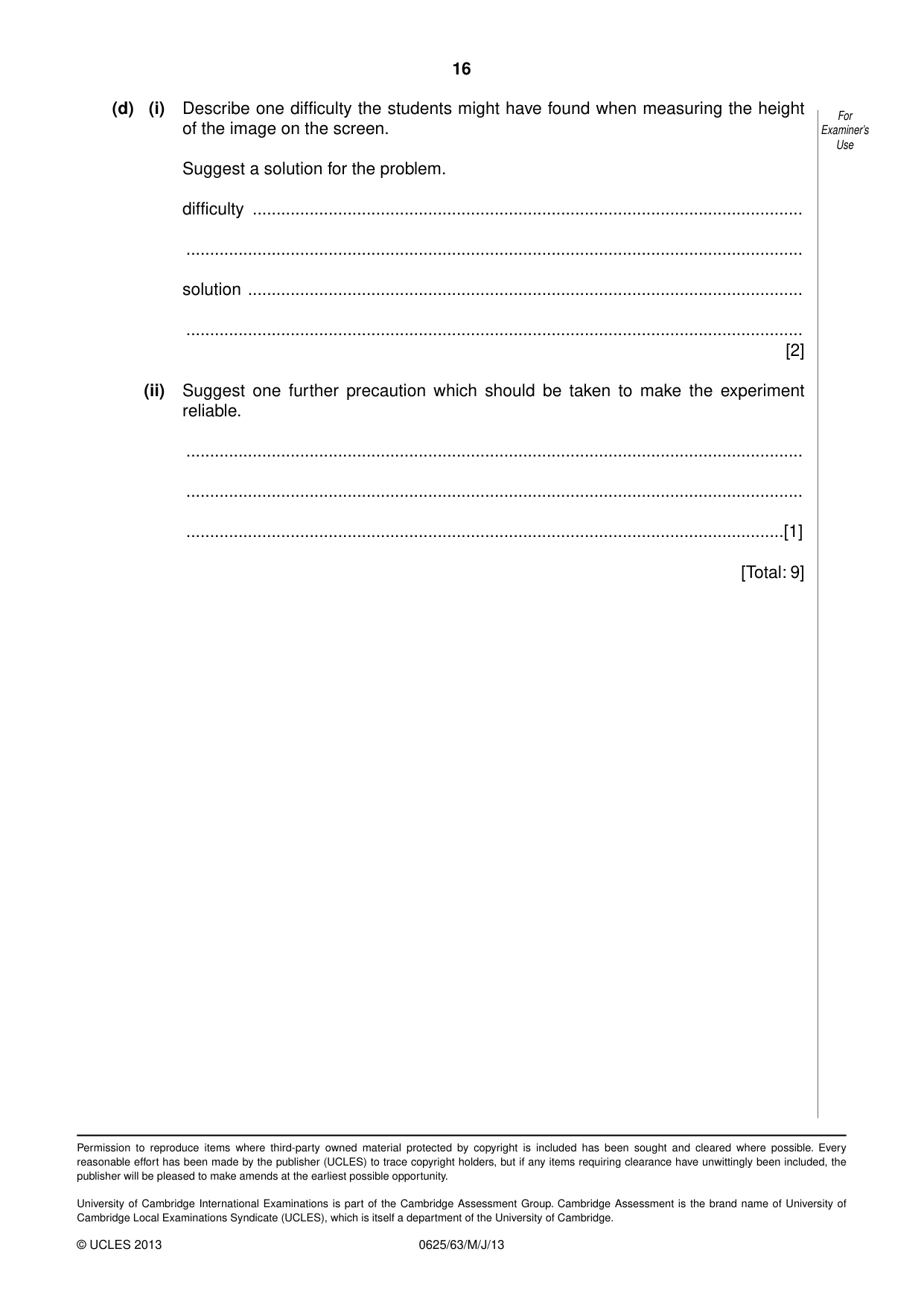 Cambridge IGCSE Physics 0625 2013 May/June Paper 6 · Variant 3 question paper, page 16 of 16