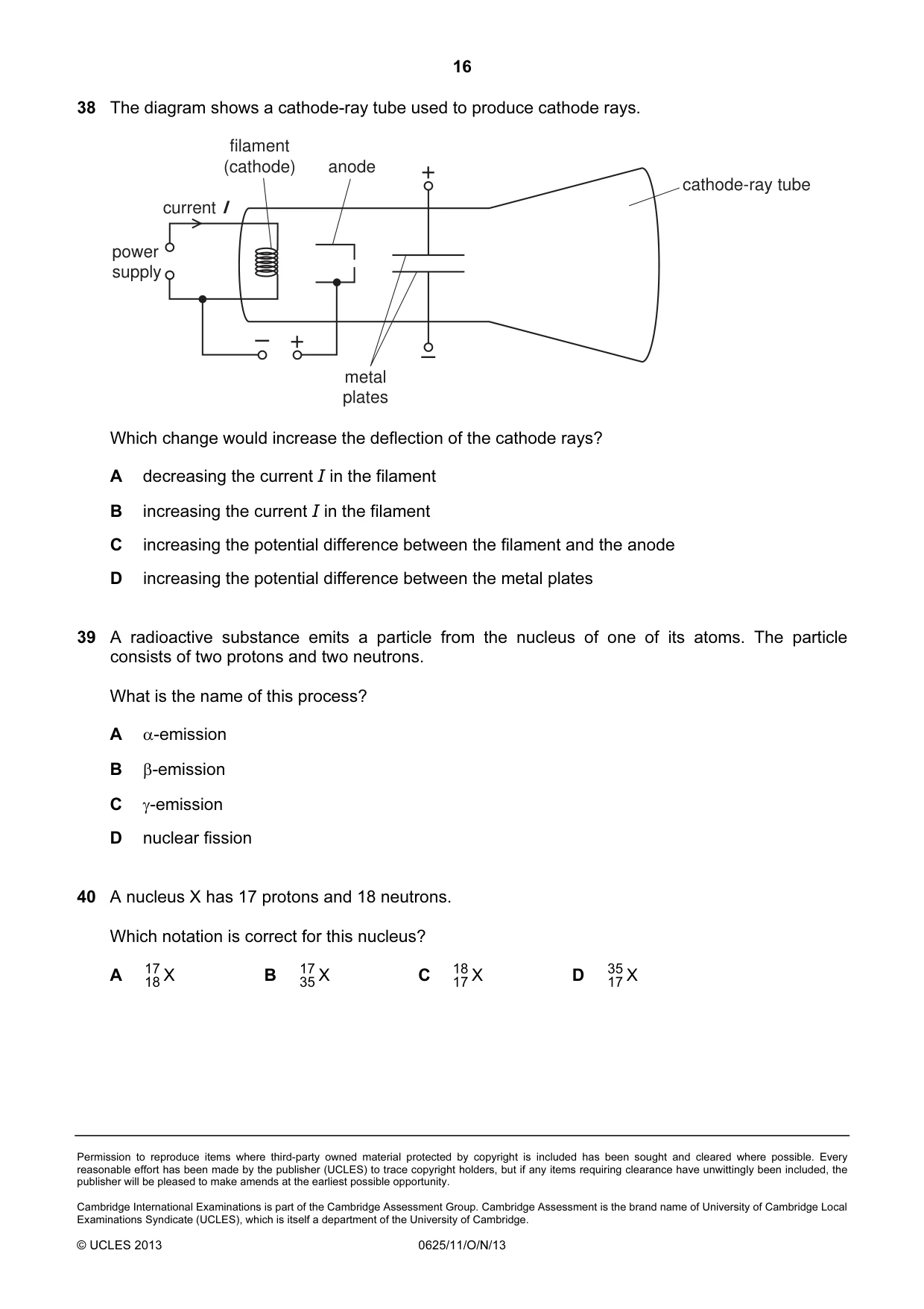 Cambridge IGCSE Physics 0625 2013 Oct/Nov Paper 1 · Variant 1 question paper, page 16 of 16