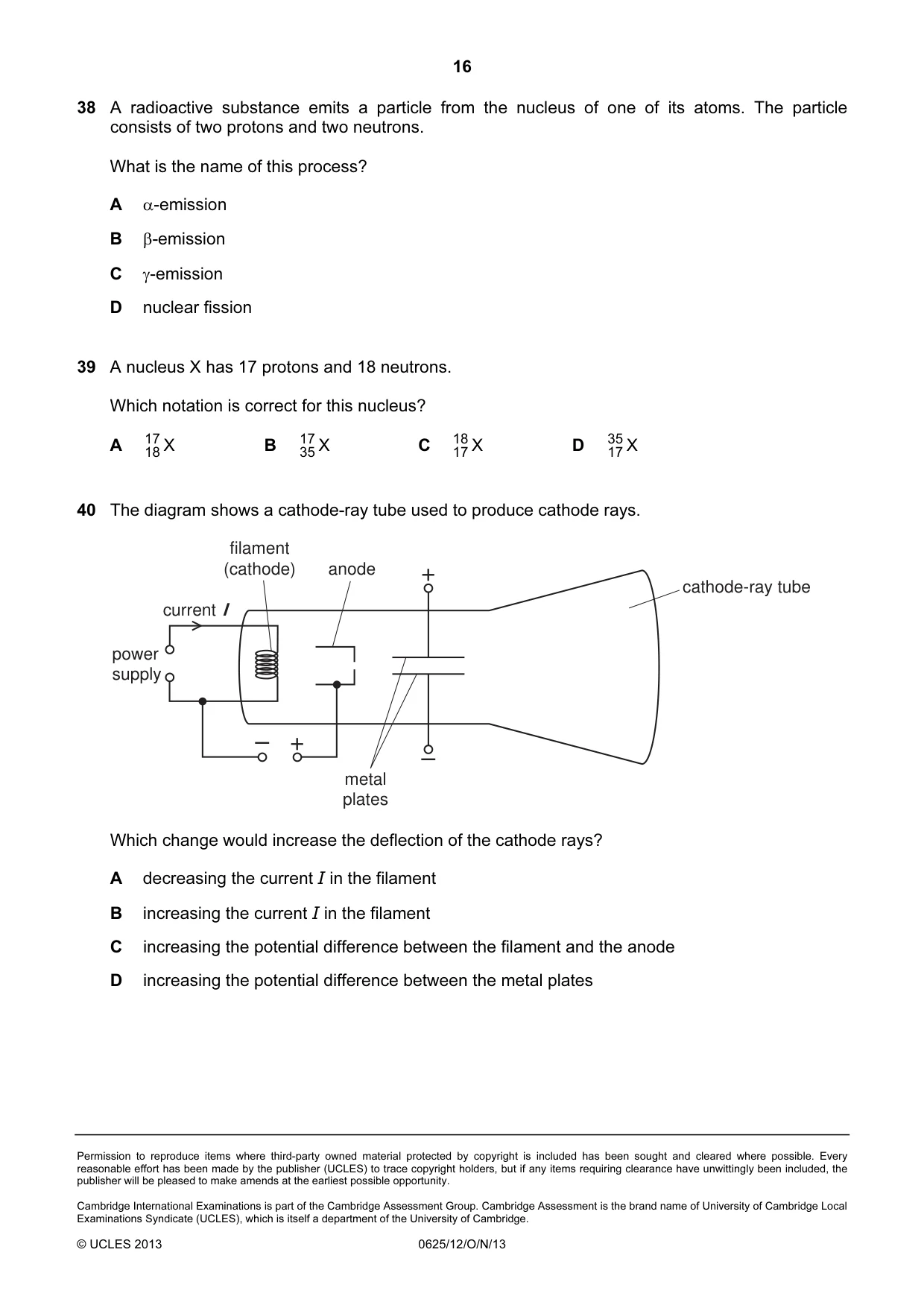 Cambridge IGCSE Physics 0625 2013 Oct/Nov Paper 1 · Variant 2 question paper, page 16 of 16