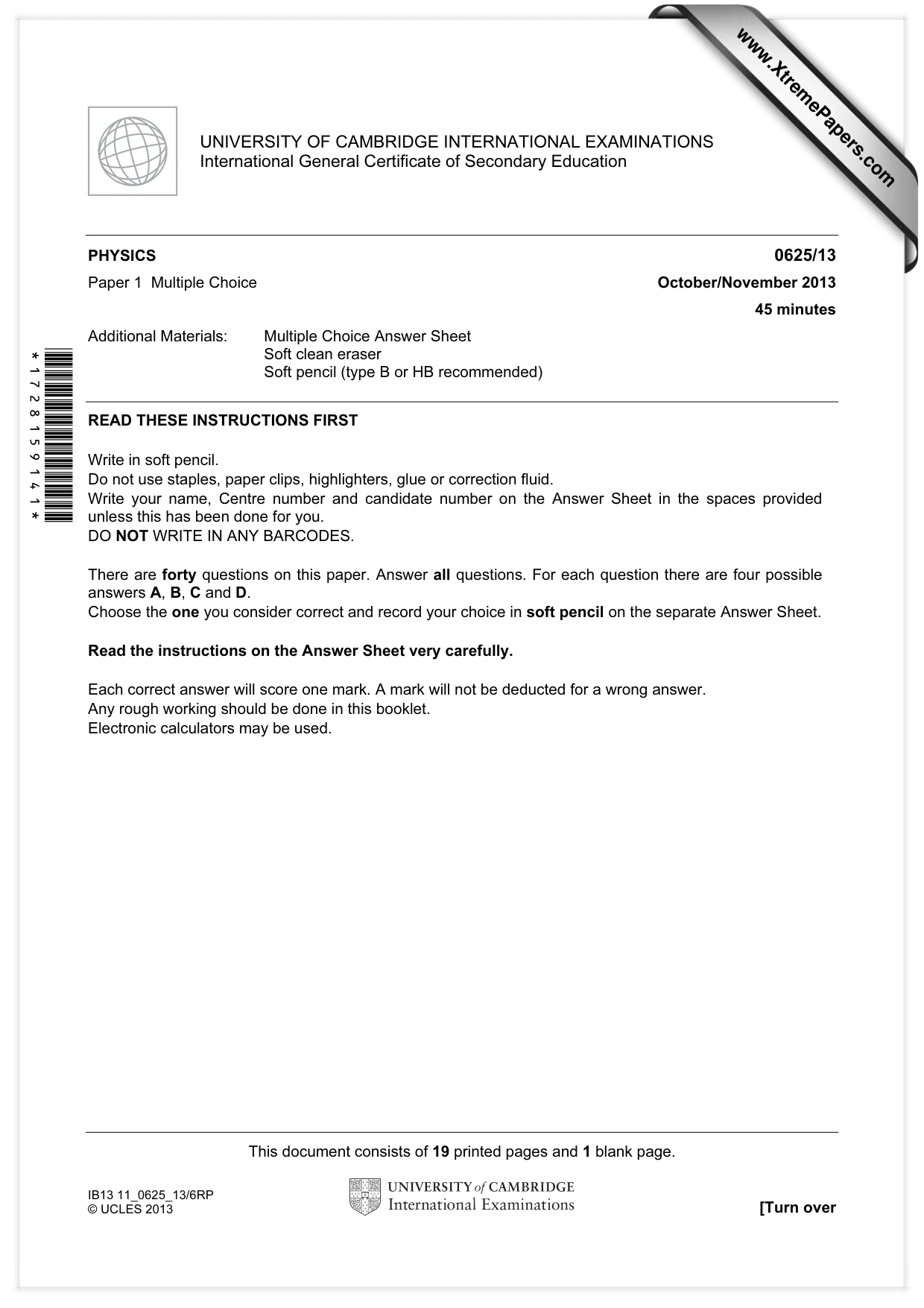 Cambridge IGCSE Physics 0625 2013 Oct/Nov Paper 1 · Variant 3 question paper, page 1 of 20