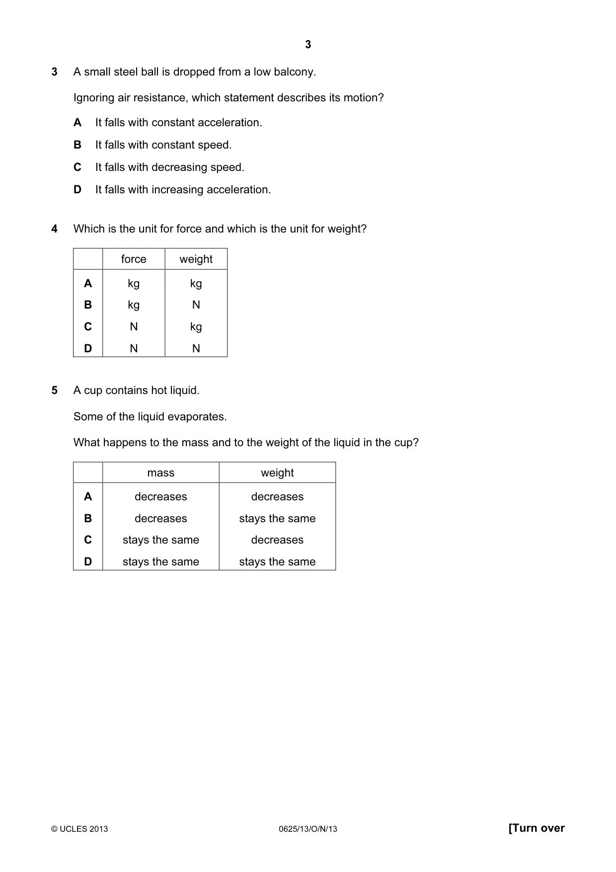 Cambridge IGCSE Physics 0625 2013 Oct/Nov Paper 1 · Variant 3 question paper, page 3 of 20