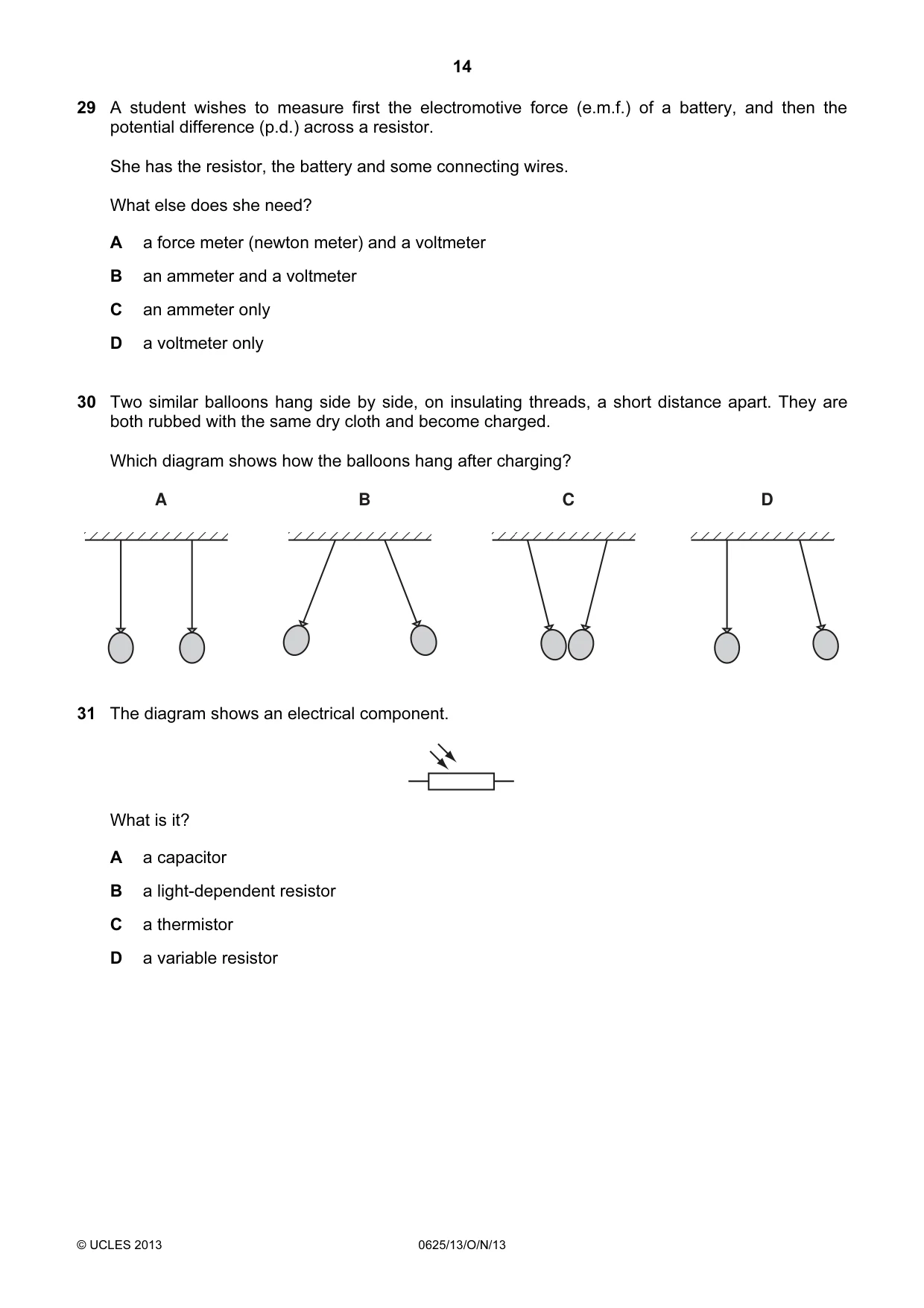 Cambridge IGCSE Physics 0625 2013 Oct/Nov Paper 1 · Variant 3 question paper, page 14 of 20