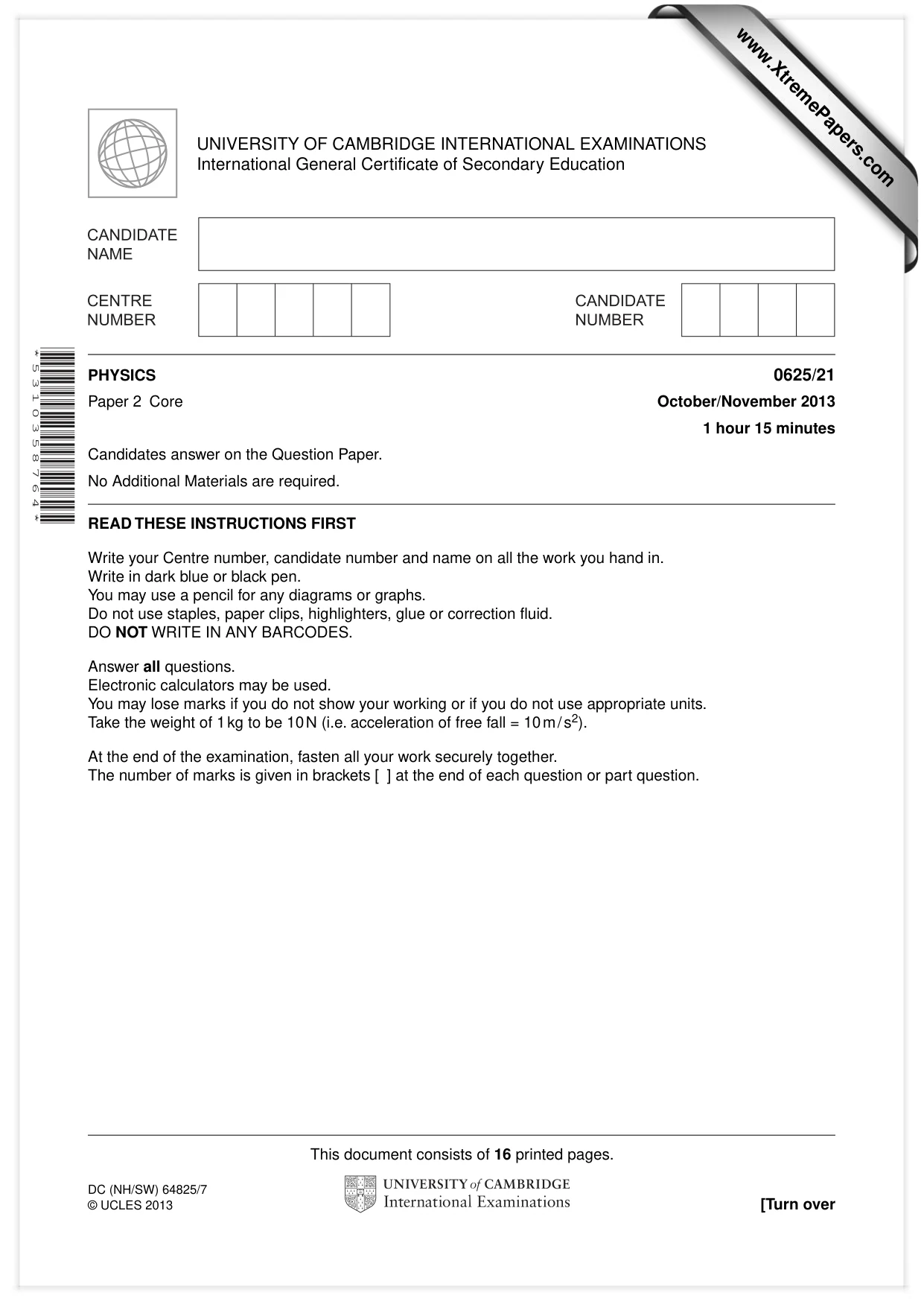 Cambridge IGCSE Physics 0625 2013 Oct/Nov Paper 2 · Variant 1 question paper, page 1 of 16