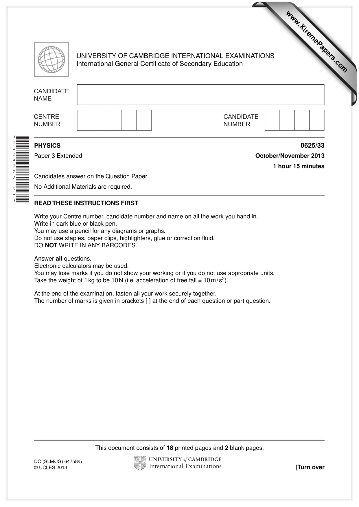 Cambridge IGCSE Physics 0625 2013 Oct/Nov Paper 3 · Variant 3 question paper, page 1 of 20
