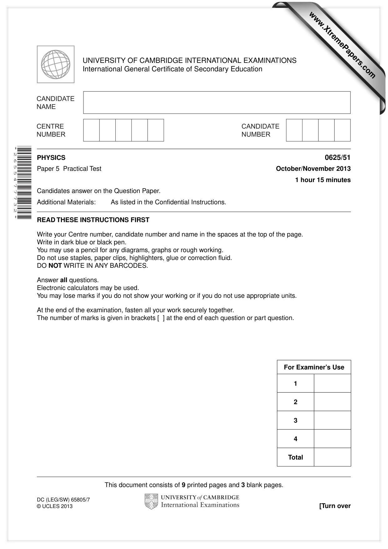 Cambridge IGCSE Physics 0625 2013 Oct/Nov Paper 5 · Variant 1 question paper, page 1 of 12