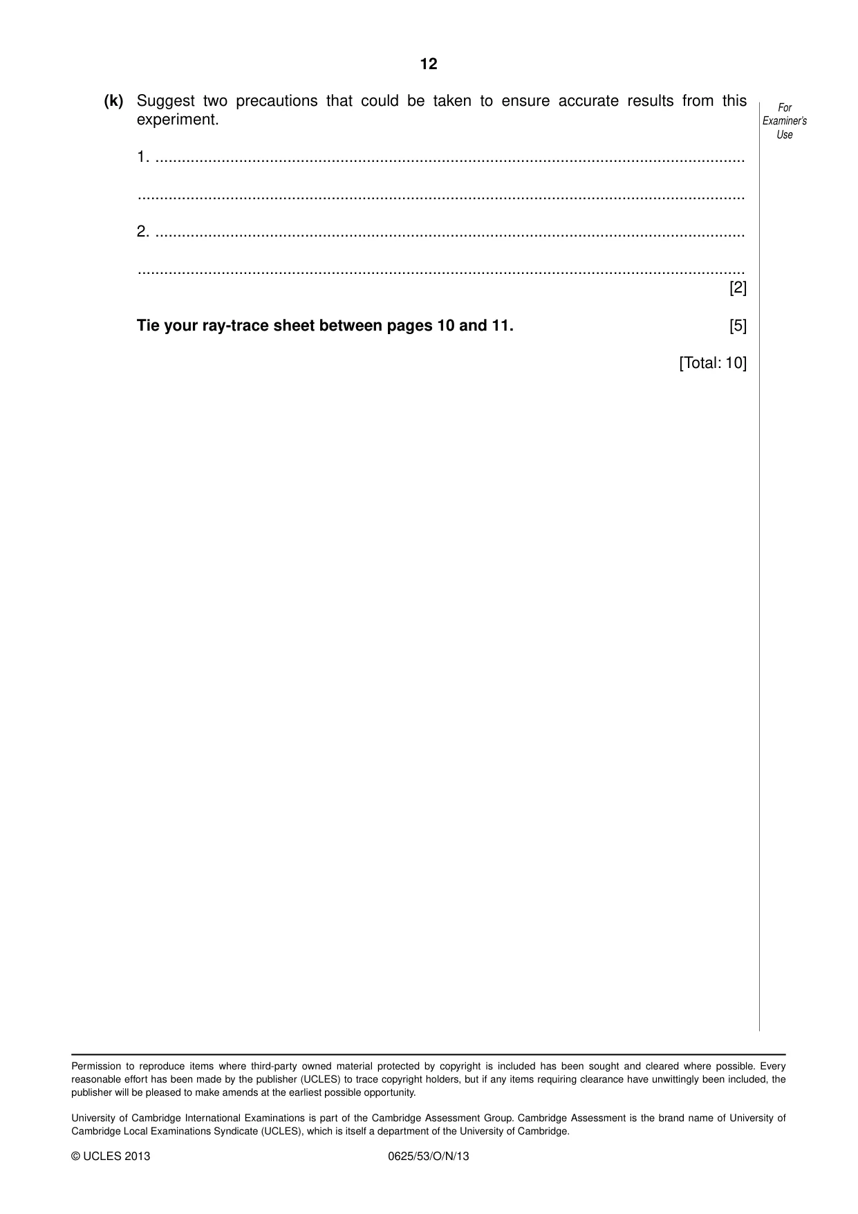 Cambridge IGCSE Physics 0625 2013 Oct/Nov Paper 5 · Variant 3 question paper, page 12 of 12