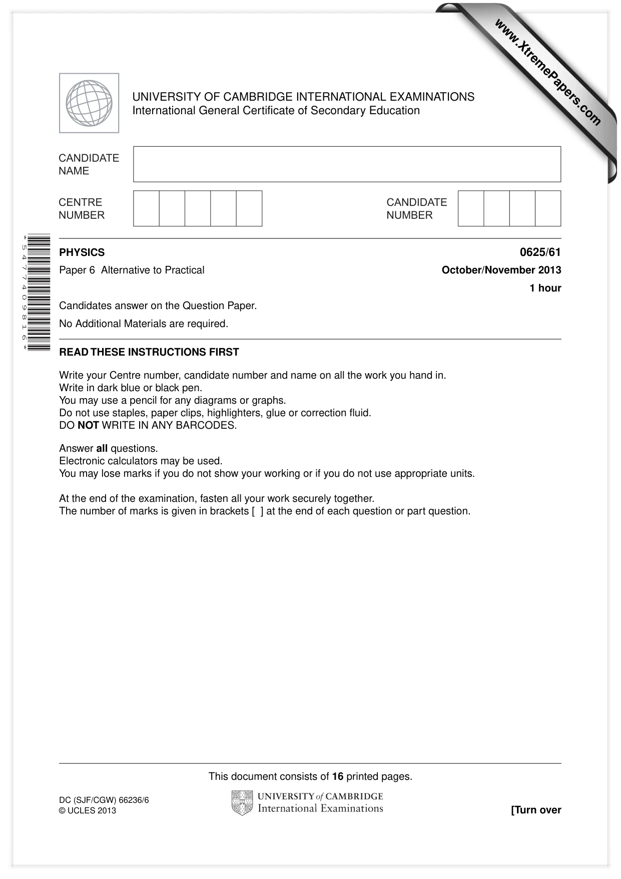 Cambridge IGCSE Physics 0625 2013 Oct/Nov Paper 6 · Variant 1 question paper, page 1 of 16