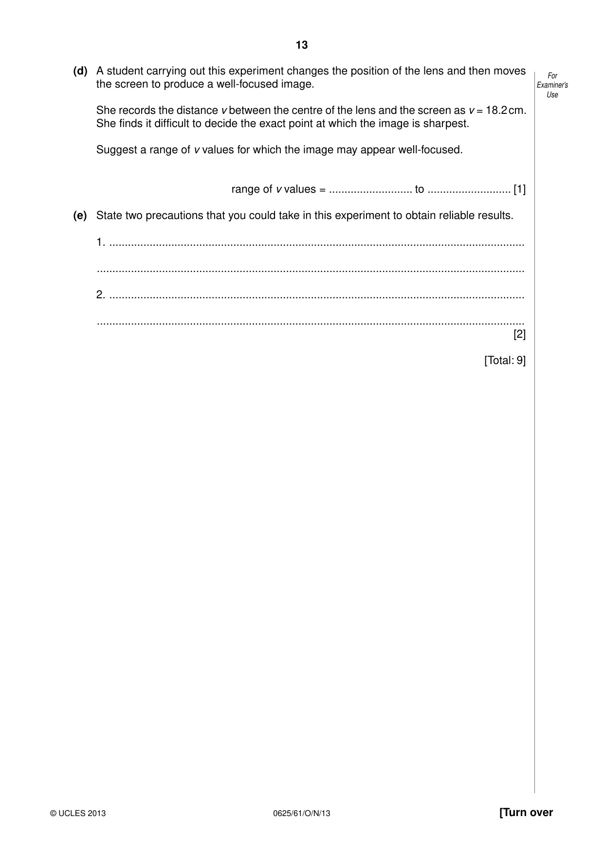 Cambridge IGCSE Physics 0625 2013 Oct/Nov Paper 6 · Variant 1 question paper, page 13 of 16