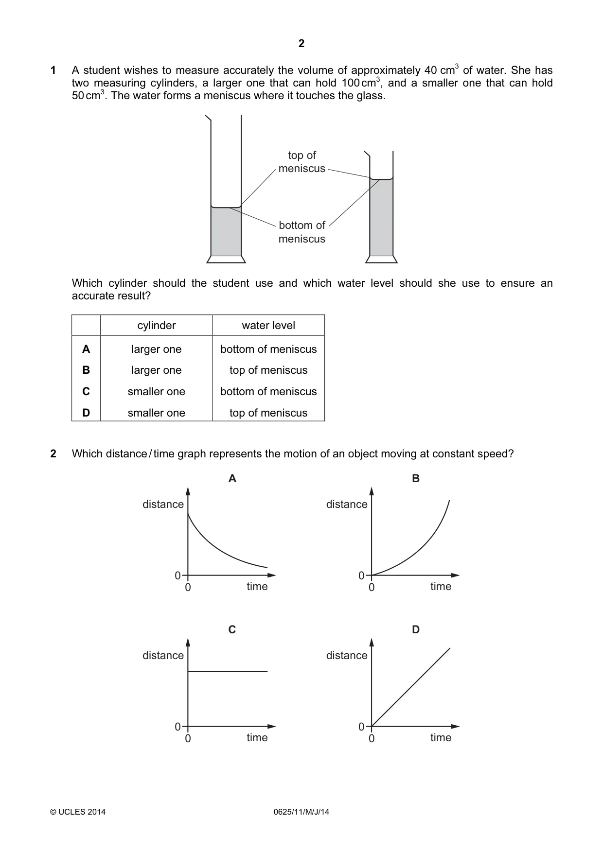 Cambridge IGCSE Physics 0625 2014 May/June Paper 1 · Variant 1 question paper, page 2 of 20