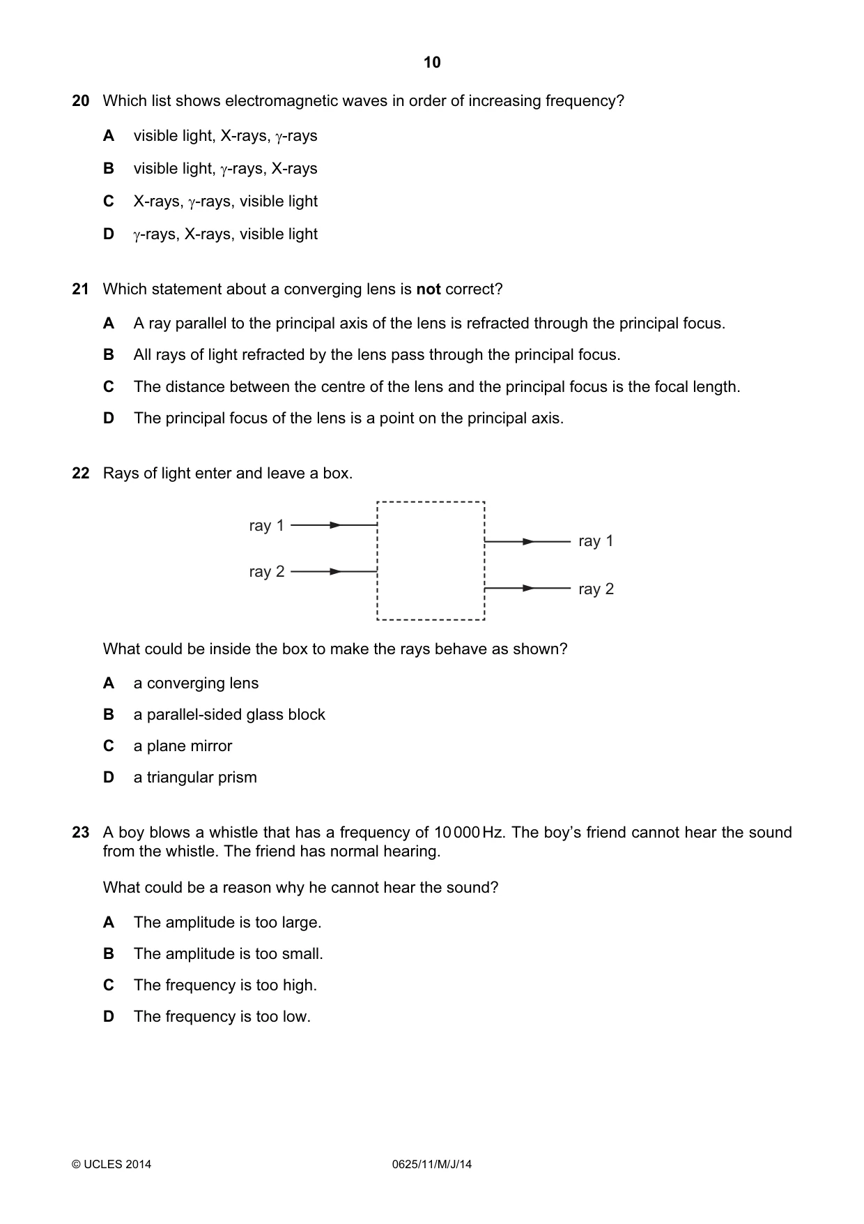 Cambridge IGCSE Physics 0625 2014 May/June Paper 1 · Variant 1 question paper, page 10 of 20