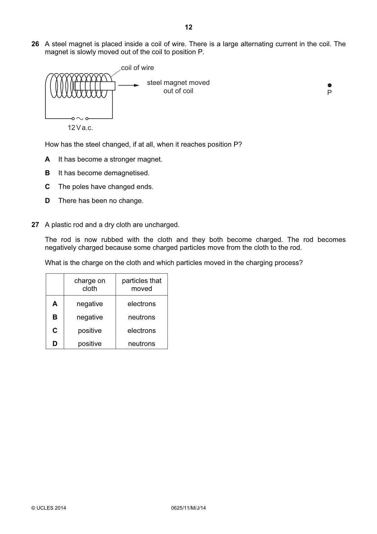 Cambridge IGCSE Physics 0625 2014 May/June Paper 1 · Variant 1 question paper, page 12 of 20