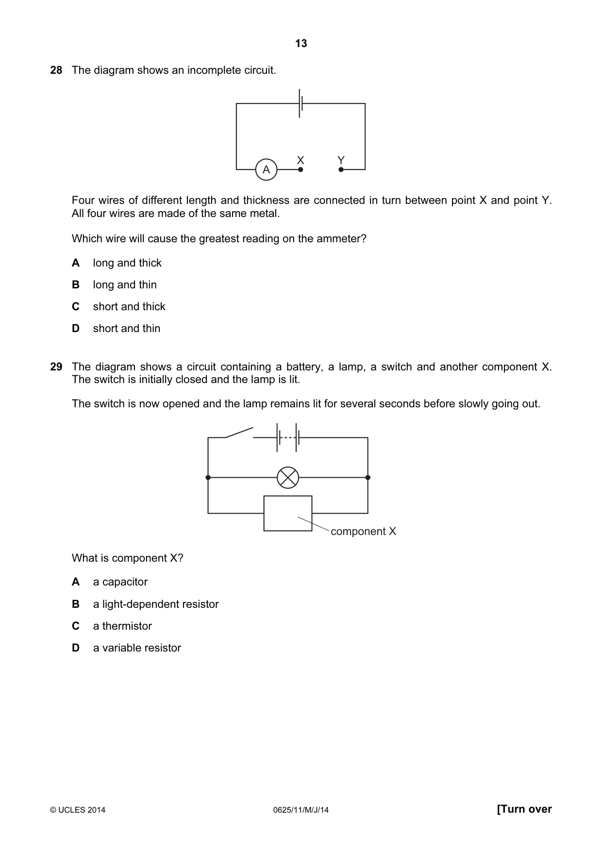 Cambridge IGCSE Physics 0625 2014 May/June Paper 1 · Variant 1 question paper, page 13 of 20