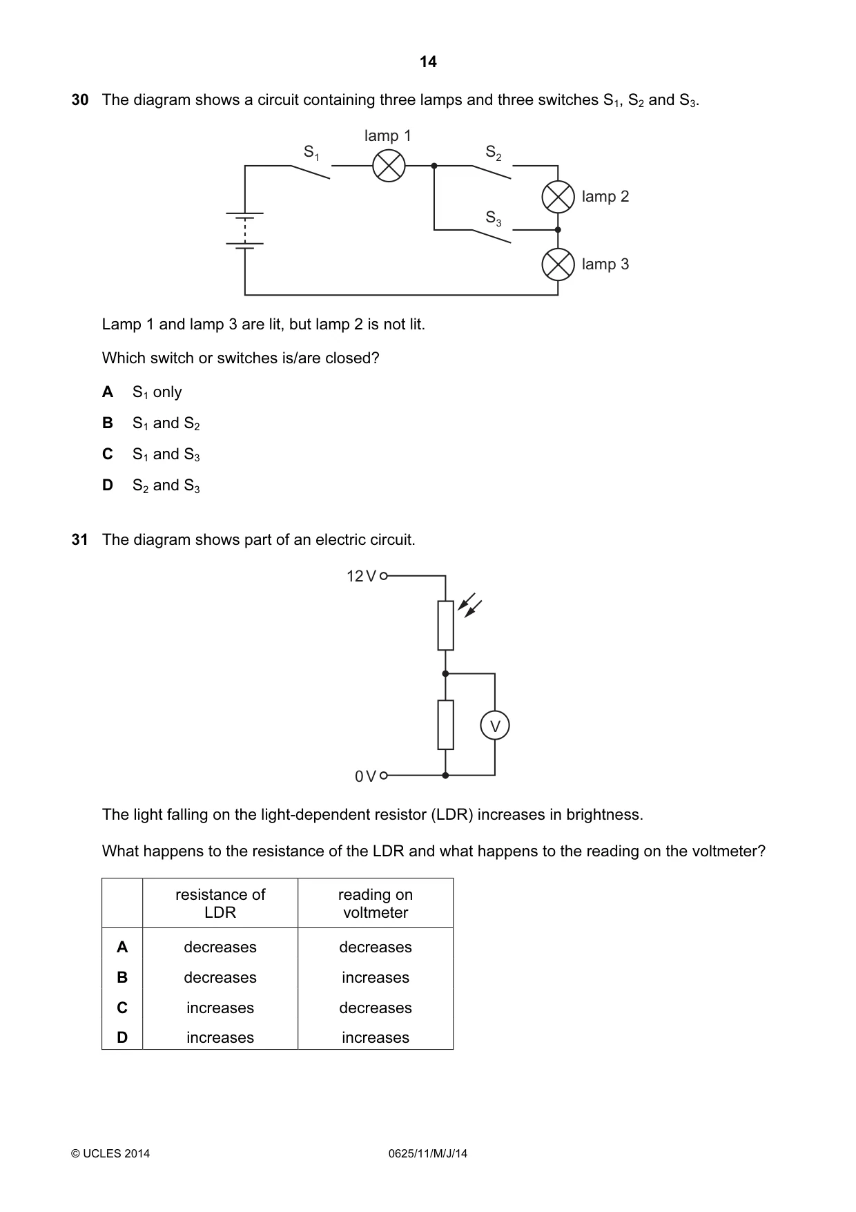 Cambridge IGCSE Physics 0625 2014 May/June Paper 1 · Variant 1 question paper, page 14 of 20