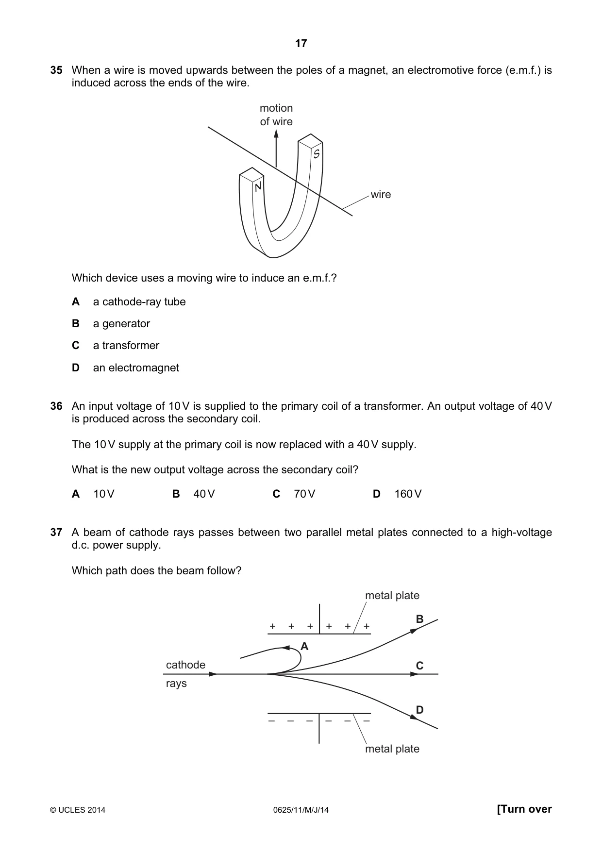 Cambridge IGCSE Physics 0625 2014 May/June Paper 1 · Variant 1 question paper, page 17 of 20