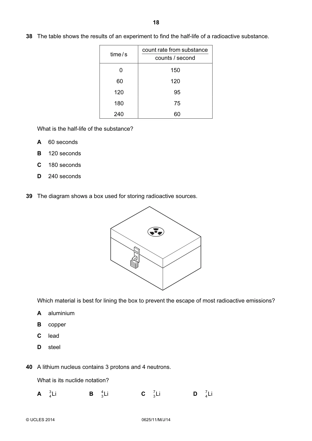 Cambridge IGCSE Physics 0625 2014 May/June Paper 1 · Variant 1 question paper, page 18 of 20
