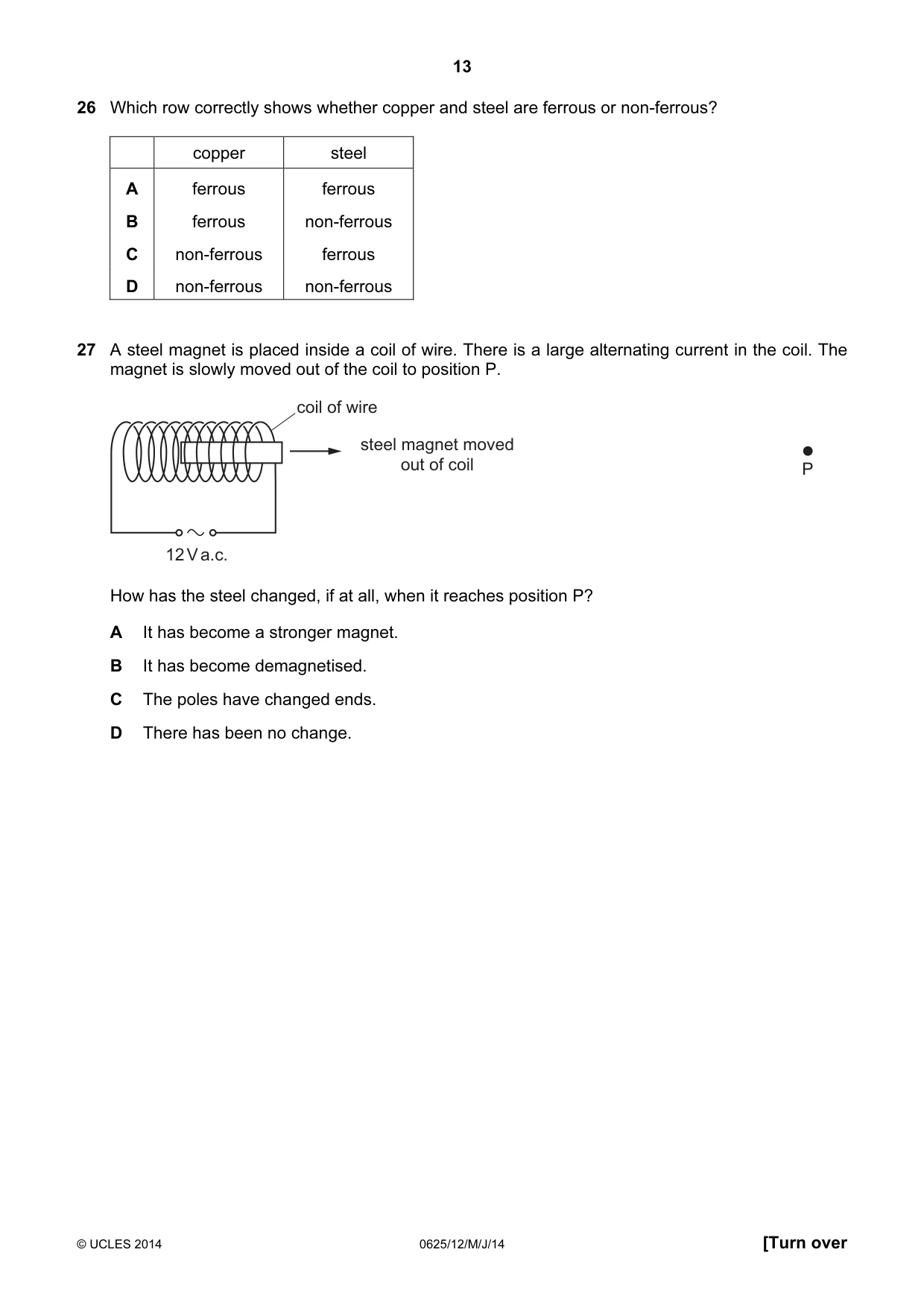 Cambridge IGCSE Physics 0625 2014 May/June Paper 1 · Variant 2 question paper, page 13 of 20